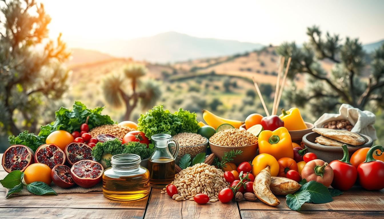 A beautifully arranged assortment of vibrant Mediterranean foods symbolizing healthy aging and nutrient density. In the foreground, a wooden table showcases a colorful spread of fresh fruits like pomegranates, figs, and citrus, alongside a variety of vegetables including kale, cherry tomatoes, and bell peppers. Olive oil and a bowl of nuts add texture and richness. In the middle ground, a supporting display features whole grains like quinoa and barley, as well as lean proteins like grilled fish and legumes. The background features a sunlit Mediterranean landscape, complete with olive trees and distant hills, creating a warm and inviting atmosphere. Soft, natural lighting enhances the colors and gives a wholesome feel to the scene. The mood is cheerful and nourishing, promoting a sense of well-being. Get well and stay well, Ray Baker. A beautifully arranged assortment of vibrant Mediterranean foods symbolizing healthy aging and nutrient density. In the foreground, a wooden table showcases a colorful spread of fresh fruits like pomegranates, figs, and citrus, alongside a variety of vegetables including kale, cherry tomatoes, and bell peppers. Olive oil and a bowl of nuts add texture and richness. In the middle ground, a supporting display features whole grains like quinoa and barley, as well as lean proteins like grilled fish and legumes. The background features a sunlit Mediterranean landscape, complete with olive trees and distant hills, creating a warm and inviting atmosphere. Soft, natural lighting enhances the colors and gives a wholesome feel to the scene. The mood is cheerful and nourishing, promoting a sense of well-being. Get well and stay well, Ray Baker.