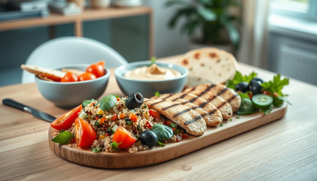 A beautifully arranged healthy lunch spread suitable for individuals over 50, featuring a colorful Mediterranean platter. The foreground includes a wooden table set with a vibrant quinoa salad, cherry tomatoes, cucumber slices, olives, and grilled chicken breast, garnished with fresh herbs. In the middle, a bowl of hummus and whole-grain pita bread invites a healthy dip. The background showcases a soft-focus office environment with natural light filtering through a window, creating a warm atmosphere. A minimalistic, fresh color palette enhances the mood of well-being and vitality. The angle is a slightly elevated view, showcasing the meal's textures and colors, inviting viewers to enjoy a nutritious and balanced meal. Get well and stay well, Ray Baker. A beautifully arranged healthy lunch spread suitable for individuals over 50, featuring a colorful Mediterranean platter. The foreground includes a wooden table set with a vibrant quinoa salad, cherry tomatoes, cucumber slices, olives, and grilled chicken breast, garnished with fresh herbs. In the middle, a bowl of hummus and whole-grain pita bread invites a healthy dip. The background showcases a soft-focus office environment with natural light filtering through a window, creating a warm atmosphere. A minimalistic, fresh color palette enhances the mood of well-being and vitality. The angle is a slightly elevated view, showcasing the meal's textures and colors, inviting viewers to enjoy a nutritious and balanced meal. Get well and stay well, Ray Baker.