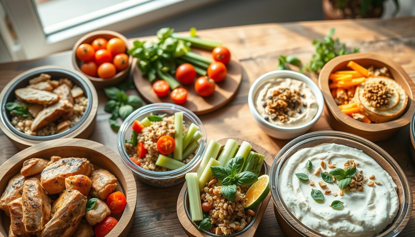 A beautifully arranged high protein meal prep display, showcasing a variety of nutritious Mediterranean dishes. In the foreground, wooden meal prep containers filled with grilled chicken, quinoa salad with cherry tomatoes and cucumbers, hummus with celery sticks, and Greek yogurt topped with honey and nuts. In the middle, a rustic wooden table adorned with fresh herbs like basil and parsley, and vibrant vegetables. The background features soft, natural lighting coming through a window, casting gentle shadows that enhance the freshness of the ingredients. Focus on a top-down perspective, highlighting the colorful array of healthy meals. Convey a warm, inviting atmosphere that emphasizes wellness and flavorful eating habits. Get well and stay well, Ray Baker.