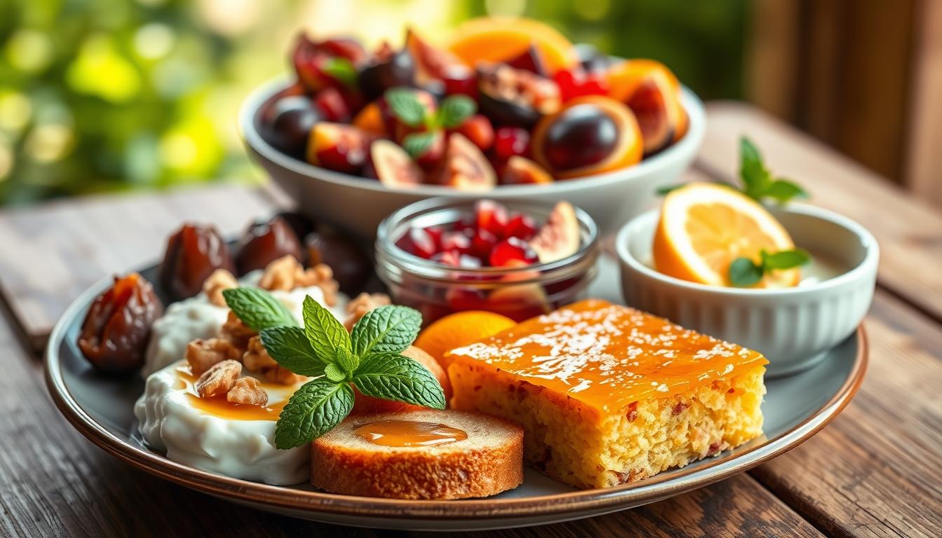 A beautifully arranged platter of healthy Mediterranean desserts, featuring vibrant colors and textures. In the foreground, showcase an assortment of dishes like Greek yogurt with honey and walnuts, almond-stuffed dates, and a slice of citrus olive oil cake, garnished with fresh mint leaves. The middle layer includes a delicate bowl of fruit salad with pomegranate seeds, figs, and oranges, emphasizing heart-healthy fats. In the background, a rustic wooden table with soft, natural lighting creates a warm and inviting atmosphere, while blurred greenery hints at an outdoor Mediterranean setting. Capture the essence of health and indulgence, evoking a sense of well-being and culinary delight. Get well and stay well, Ray Baker.