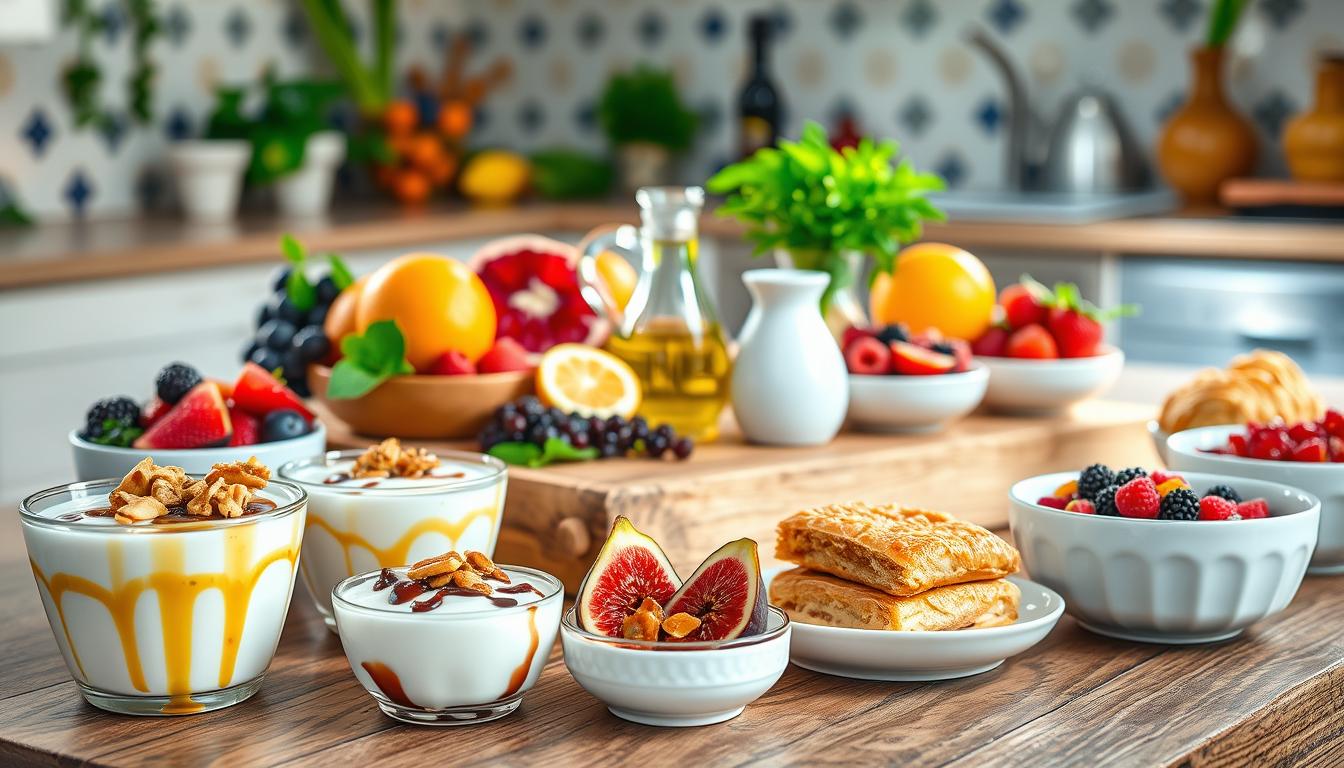 A beautifully arranged selection of Mediterranean diet desserts, showcasing a colorful variety of nutritious sweets. In the foreground, feature individual servings of Greek yogurt with honey and walnuts, fresh figs drizzled with balsamic reduction, and small bowls of almond baklava. The middle of the scene can include a rustic wooden table adorned with vibrant fruits like pomegranates, oranges, and berries, alongside a jug of olive oil for a balanced touch. The background should display a sunlit kitchen with Mediterranean tiles and delicate herbs like mint and basil, creating an inviting atmosphere. Soft natural lighting illuminates the desserts, enhancing their vibrant colors and textures. Capture the delightful essence of healthy indulgence and planning wholesome treats for the week. Get well and stay well, Ray Baker.
