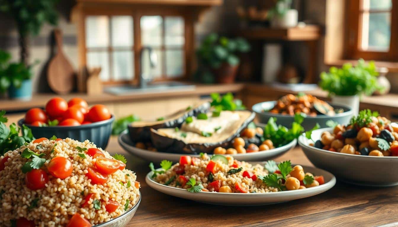 A beautifully arranged table displaying an array of high-fiber Mediterranean meals, emphasizing fresh ingredients like vibrant salads, whole grains, legumes, and colorful vegetables. In the foreground, a bountiful quinoa salad with cherry tomatoes, cucumbers, and herbs. In the middle, a platter of roasted eggplant topped with tahini, alongside a chickpea and spinach stew, all garnished with fresh parsley. The background features a rustic wooden kitchen table and a window allowing soft, natural light to stream in, creating a warm atmosphere. The focus should be sharp, with a slight bokeh effect in the background to enhance the main dishes. The overall mood is inviting and wholesome, perfect for healthy meal inspiration. Get well and stay well, Ray Baker. A beautifully arranged table displaying an array of high-fiber Mediterranean meals, emphasizing fresh ingredients like vibrant salads, whole grains, legumes, and colorful vegetables. In the foreground, a bountiful quinoa salad with cherry tomatoes, cucumbers, and herbs. In the middle, a platter of roasted eggplant topped with tahini, alongside a chickpea and spinach stew, all garnished with fresh parsley. The background features a rustic wooden kitchen table and a window allowing soft, natural light to stream in, creating a warm atmosphere. The focus should be sharp, with a slight bokeh effect in the background to enhance the main dishes. The overall mood is inviting and wholesome, perfect for healthy meal inspiration. Get well and stay well, Ray Baker.