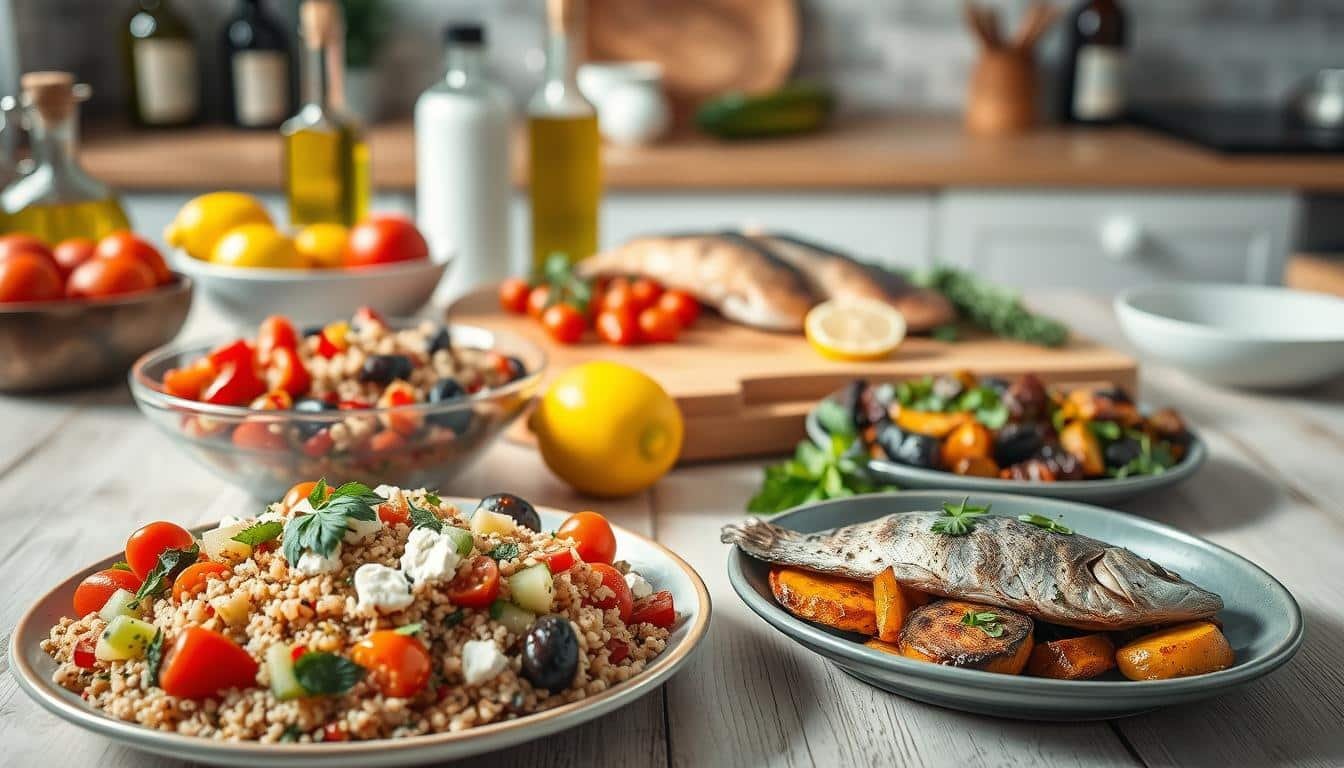 A beautifully arranged table featuring a variety of healthy Mediterranean weight loss recipes. In the foreground, a colorful plate of quinoa salad with cherry tomatoes, cucumbers, olives, and feta cheese, garnished with fresh herbs. Next to it, a bowl of vibrant roasted vegetables, lightly seasoned. In the middle, a rustic wooden cutting board displaying grilled fish, surrounded by fresh lemons and herbs, emphasizing freshness. The background features a softly lit kitchen with olive oil bottles and fresh produce, creating a warm and inviting atmosphere. The image captures the essence of healthy eating, with natural lighting that enhances the colors of the food, set from a slightly elevated angle to highlight the dishes. Get well and stay well, Ray Baker. A beautifully arranged table featuring a variety of healthy Mediterranean weight loss recipes. In the foreground, a colorful plate of quinoa salad with cherry tomatoes, cucumbers, olives, and feta cheese, garnished with fresh herbs. Next to it, a bowl of vibrant roasted vegetables, lightly seasoned. In the middle, a rustic wooden cutting board displaying grilled fish, surrounded by fresh lemons and herbs, emphasizing freshness. The background features a softly lit kitchen with olive oil bottles and fresh produce, creating a warm and inviting atmosphere. The image captures the essence of healthy eating, with natural lighting that enhances the colors of the food, set from a slightly elevated angle to highlight the dishes. Get well and stay well, Ray Baker.