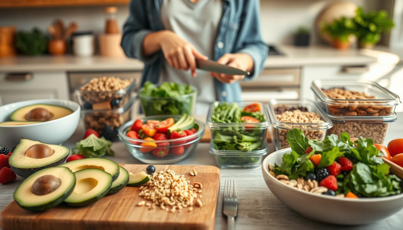 A beautifully arranged table showcasing a healthy diet focused on managing triglycerides and cholesterol, featuring a colorful array of fresh fruits and vegetables like avocados, berries, leafy greens, and nuts. In the foreground, a wooden cutting board with vibrant sliced foods and a light salad bowl filled with quinoa and asparagus. The middle ground depicts a neatly organized meal prep area with glass containers filled with cooked grains and lean proteins, all awaiting to be served. In the background, a soft-focus kitchen with warm lighting, emphasizing a cozy, inviting atmosphere. A person in modest casual clothing is chopping vegetables, radiating a sense of health and wellbeing. Capture with a soft lens, natural light, angled from above. Get well and stay well, Ray Baker.