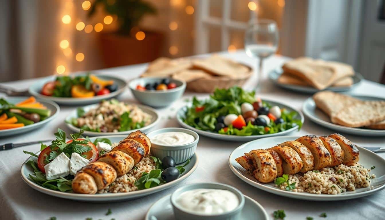 A beautifully arranged table showcasing a variety of easy low-calorie Mediterranean dinner dishes. In the foreground, colorful plates feature grilled vegetables, quinoa salad, lean chicken skewers, and tzatziki sauce, all elegantly presented. In the middle ground, a fresh green salad with olives and feta cheese complements the meal, while whole grain pita bread adds texture. In the background, soft, warm lighting creates a cozy evening atmosphere, with hints of olive oil and fresh herbs scattered artfully on the tablecloth. The scene is captured from a slightly elevated angle, emphasizing the inviting layout of the food. The mood is relaxed and health-focused, ideal for inspiring easy, satisfying dinners. Get well and stay well, Ray Baker.
