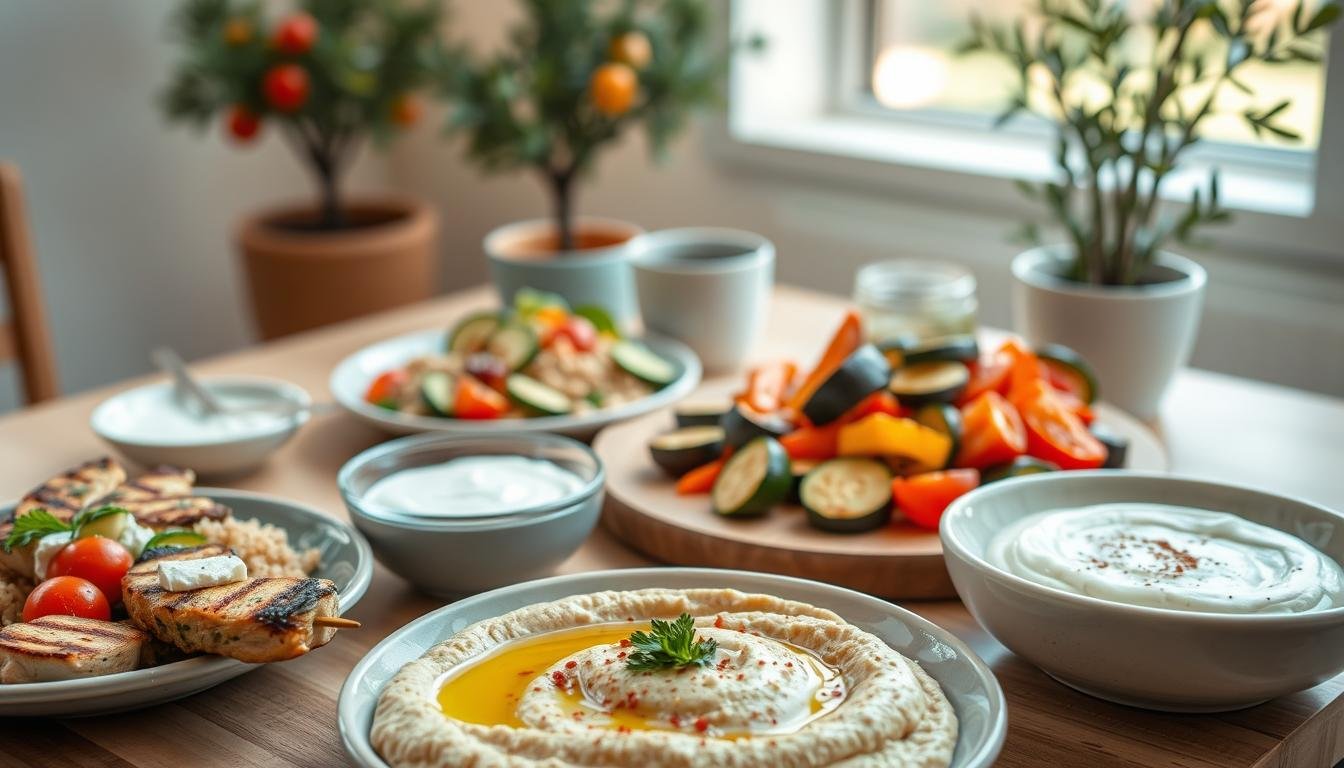 A beautifully arranged table showcasing a variety of high-protein Mediterranean meals, featuring grilled chicken skewers marinated in herbs, a vibrant quinoa salad with cherry tomatoes, cucumbers, and feta cheese, alongside a creamy tzatziki dip. In the foreground, a colorful bowl of hummus garnished with olive oil and paprika. The middle ground includes a rustic wooden platter filled with roasted vegetables like zucchini and bell peppers. In the background, soft, natural lighting creates a warm, inviting atmosphere, with potted olive trees providing a serene ambiance. The scene is captured from a slightly elevated angle, emphasizing the meals as comforting and appealing. The overall mood is relaxed and enticing, perfect for healthy dining. Get well and stay well, Ray Baker.