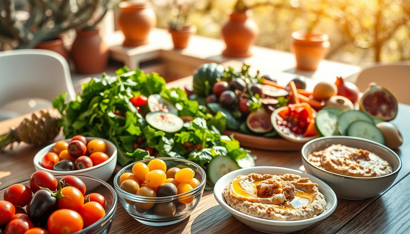 A beautifully arranged table showcasing essential Mediterranean anti-inflammation foods. In the foreground, a vibrant bowl of mixed olives, a plate of colorful cherry tomatoes, and a small dish of hummus accompanied by whole grain pita. In the middle, fresh leafy greens with slices of cucumber and a drizzle of extra virgin olive oil, along with a vibrant platter of seasonal fruits like figs and pomegranates. The background features rustic, sun-drenched Mediterranean scenery with terracotta pots and olive trees. The scene is bright, with warm, natural lighting casting soft shadows, emphasizing the freshness of the ingredients. The mood is inviting and wholesome, evoking a sense of health and vitality. Get well and stay well, Ray Baker. A beautifully arranged table showcasing essential Mediterranean anti-inflammation foods. In the foreground, a vibrant bowl of mixed olives, a plate of colorful cherry tomatoes, and a small dish of hummus accompanied by whole grain pita. In the middle, fresh leafy greens with slices of cucumber and a drizzle of extra virgin olive oil, along with a vibrant platter of seasonal fruits like figs and pomegranates. The background features rustic, sun-drenched Mediterranean scenery with terracotta pots and olive trees. The scene is bright, with warm, natural lighting casting soft shadows, emphasizing the freshness of the ingredients. The mood is inviting and wholesome, evoking a sense of health and vitality. Get well and stay well, Ray Baker.