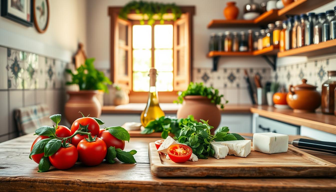 A cozy Mediterranean kitchen scene showcasing a simple meal preparation area. In the foreground, a rustic wooden table is topped with fresh ingredients: vibrant tomatoes, fragrant basil, and creamy feta cheese, neatly arranged beside a chopping board and a sharp knife. In the middle ground, traditional terracotta pots brim with olive oil and fresh herbs, while an inviting view of a sunny window filters warm, natural light into the space. The background reveals softly painted tiles and shelves lined with colorful spices in glass jars, enhancing the Mediterranean atmosphere. The overall mood is light and inviting, suggesting a welcoming environment for beginners to transition into Mediterranean cooking. Get well and stay well, Ray Baker.