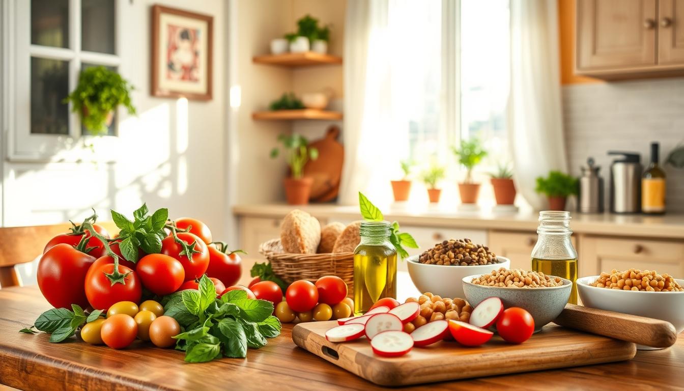 A cozy kitchen scene showcasing simple Mediterranean pantry swaps. In the foreground, a beautifully arranged wooden table features traditional Mediterranean staples: ripe tomatoes, green olives, whole grain bread, fresh herbs like basil and oregano, and bowls of chickpeas and lentils. A rustic cutting board displays sliced cucumber and radishes, with a small jar of extra virgin olive oil beside it. In the middle ground, a sunlit window with sheer white curtains allows natural light to flood the space, enhancing the vibrant colors of the ingredients. Potted herbs sit on the windowsill, contributing to the fresh atmosphere. The background features soft, warm colors on the walls and light wood cabinetry, creating a welcoming mood. The overall ambiance is bright, inviting, and uplifting, perfect for inspiring healthy cooking. Get well and stay well, Ray Baker.