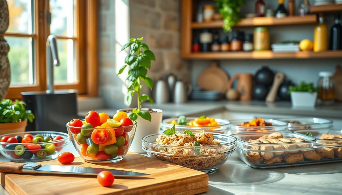 A cozy, sunlit kitchen showcasing a Mediterranean meal prep scene. In the foreground, colorful glass bowls filled with vibrant ingredients like cherry tomatoes, olives, bell peppers, and herbs are arranged on a wooden cutting board. A stainless steel knife and a rustic wooden spoon sit beside them. The middle ground features neatly packed meal containers with portions of quinoa tabbouleh, grilled chicken skewer, and roasted vegetables. A potted basil plant adds a touch of greenery. In the background, soft, warm lighting highlights a stone wall and rustic wooden shelves lined with spices and olive oil bottles. The atmosphere conveys a sense of comfort and readiness, inviting viewers to embrace meal prepping. Get well and stay well, Ray Baker.