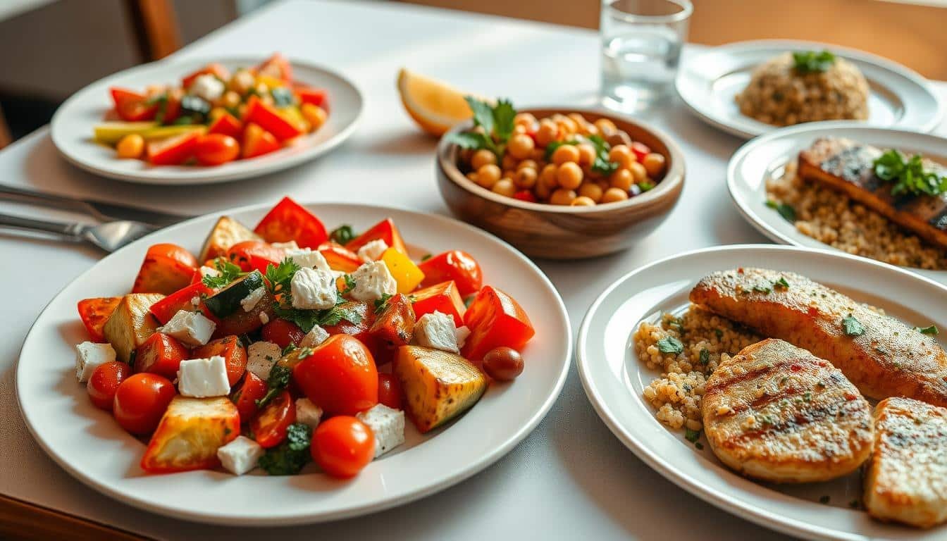A neatly arranged table set for a Mediterranean dinner, featuring several portion-controlled meals that include colorful roasted vegetables, grilled fish, and quinoa salad garnished with fresh herbs. The foreground showcases a beautifully plated dish with vibrant red bell peppers, zucchini, and cherry tomatoes, drizzled with olive oil and sprinkled with feta cheese, all served on elegant plates. In the middle, there’s a rustic wooden bowl filled with a refreshing Mediterranean chickpea salad, with fresh parsley and a lemon wedge. The background features soft, warm lighting that creates a cozy and inviting atmosphere, casting gentle shadows. The overall mood conveys health and satisfaction, promoting balanced eating habits without calorie fixation. Capture this scene from a slight overhead angle to emphasize the variety and appeal of the dishes. Get well and stay well, Ray Baker.