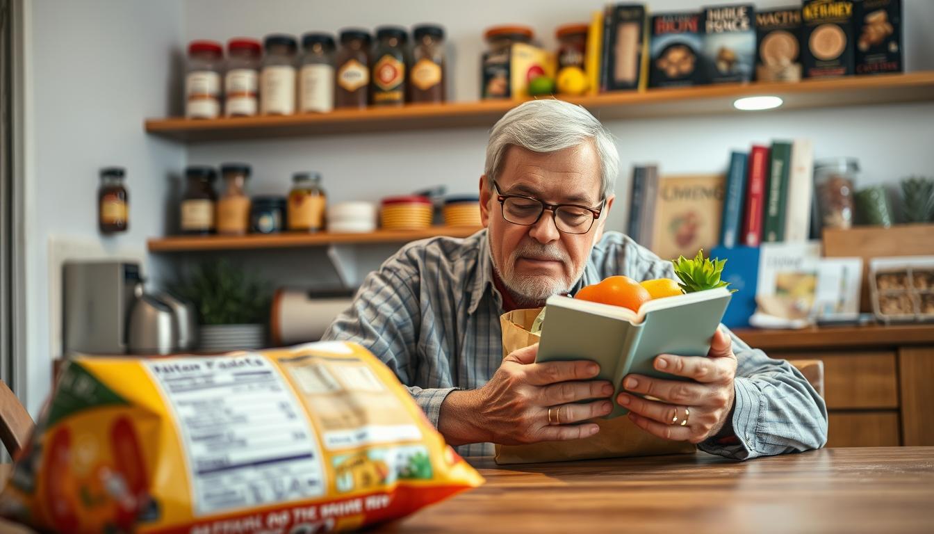 A senior man, around 60 years old, is sitting at a well-lit kitchen table, examining food labels on various grocery items. He is dressed in modest casual clothing, wearing spectacles to enhance his reading. The foreground features a close-up of a food label, displaying nutritional information clearly, with bright colors and clear fonts. In the middle, a grocery bag filled with fresh fruits and vegetables is slightly out of focus, emphasizing health. The background shows a cozy kitchen environment with shelves stocked with spices and healthy cookbooks, reflecting a nurturing atmosphere. The lighting is warm and inviting, creating a sense of calm and focus. Capture a moment of concentration and determination as he carefully reads the labels, embodying the idea of making informed food choices for better health. Get well and stay well, Ray Baker.