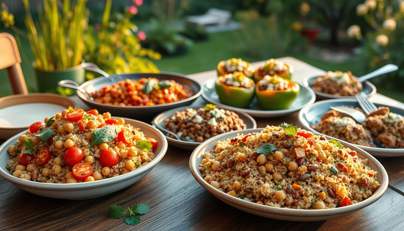 A vibrant Mediterranean-inspired dinner table spread featuring an array of high-protein meatless dishes. In the foreground, a large, colorful quinoa salad mixed with roasted chickpeas, cherry tomatoes, and fresh parsley is centered on a rustic wooden table. Beside it, a skillet filled with savory lentil stew garnished with basil and a drizzle of olive oil. In the middle, plates of stuffed bell peppers overflowing with spiced beans, herbs, and feta cheese create a hearty display. The background shows a serene garden setting with soft, golden-hour lighting, casting gentle shadows over the meal, enhancing the inviting atmosphere. The scene captures freshness and warmth, inviting the viewer to explore these nutritious dishes. Get well and stay well, Ray Baker. A vibrant Mediterranean-inspired dinner table spread featuring an array of high-protein meatless dishes. In the foreground, a large, colorful quinoa salad mixed with roasted chickpeas, cherry tomatoes, and fresh parsley is centered on a rustic wooden table. Beside it, a skillet filled with savory lentil stew garnished with basil and a drizzle of olive oil. In the middle, plates of stuffed bell peppers overflowing with spiced beans, herbs, and feta cheese create a hearty display. The background shows a serene garden setting with soft, golden-hour lighting, casting gentle shadows over the meal, enhancing the inviting atmosphere. The scene captures freshness and warmth, inviting the viewer to explore these nutritious dishes. Get well and stay well, Ray Baker.