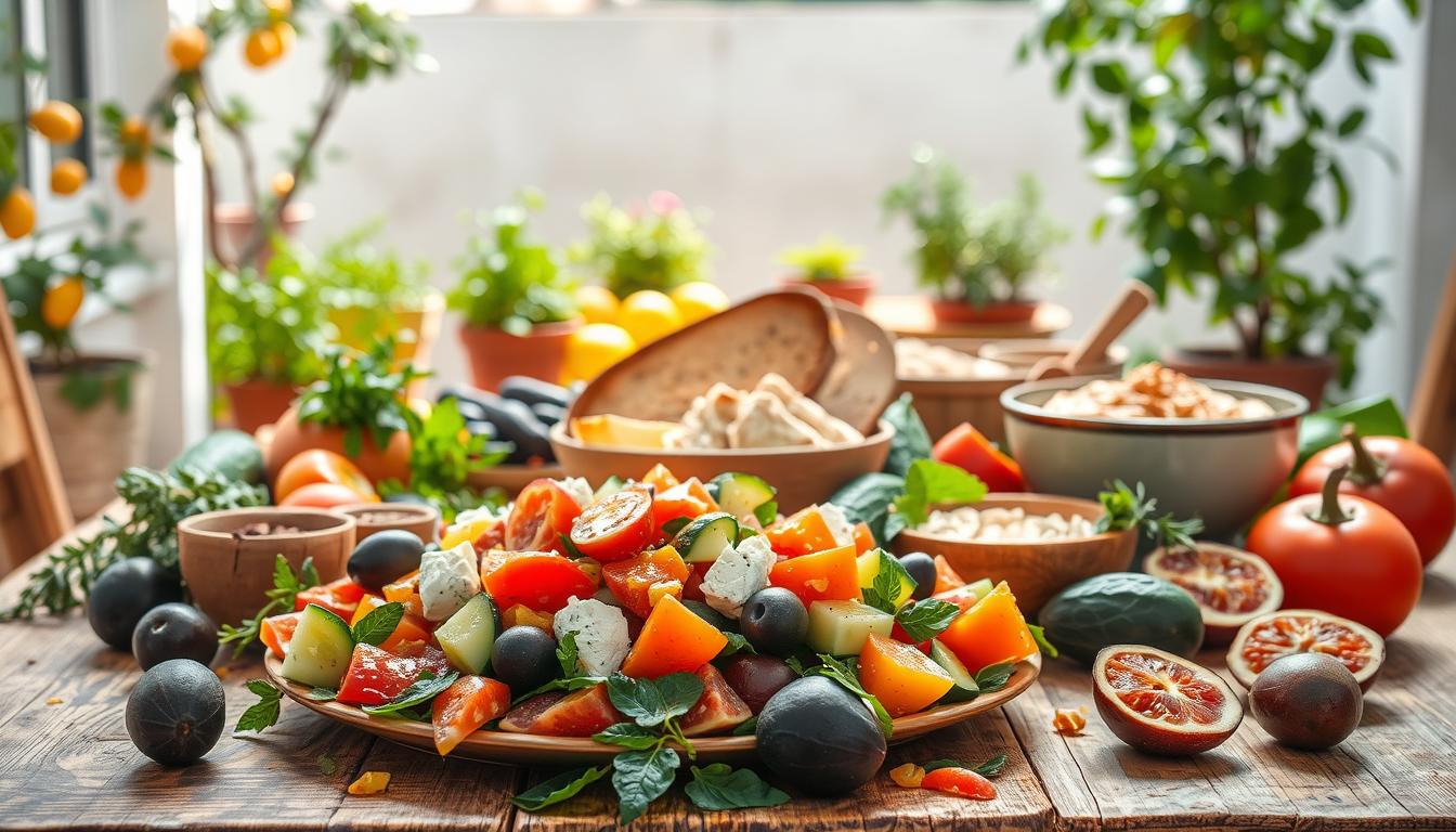 A vibrant Mediterranean table filled with fresh ingredients representing the Mediterranean diet for healthy aging. In the foreground, a colorful salad made of ripe tomatoes, cucumbers, olives, and feta cheese, drizzled with olive oil. Juicy fruits like oranges and figs scattered around. In the middle ground, a rustic wooden table features whole-grain bread and a bowl of hummus. Behind, a sun-drenched patio with potted herbs and lemon trees, creating a warm and inviting atmosphere. The lighting is bright yet soft, evoking a sunny afternoon. The mood is uplifting and wholesome, symbolizing how a Mediterranean diet fuels the brain and balances mood. Get well and stay well, Ray Baker. A vibrant Mediterranean table filled with fresh ingredients representing the Mediterranean diet for healthy aging. In the foreground, a colorful salad made of ripe tomatoes, cucumbers, olives, and feta cheese, drizzled with olive oil. Juicy fruits like oranges and figs scattered around. In the middle ground, a rustic wooden table features whole-grain bread and a bowl of hummus. Behind, a sun-drenched patio with potted herbs and lemon trees, creating a warm and inviting atmosphere. The lighting is bright yet soft, evoking a sunny afternoon. The mood is uplifting and wholesome, symbolizing how a Mediterranean diet fuels the brain and balances mood. Get well and stay well, Ray Baker.