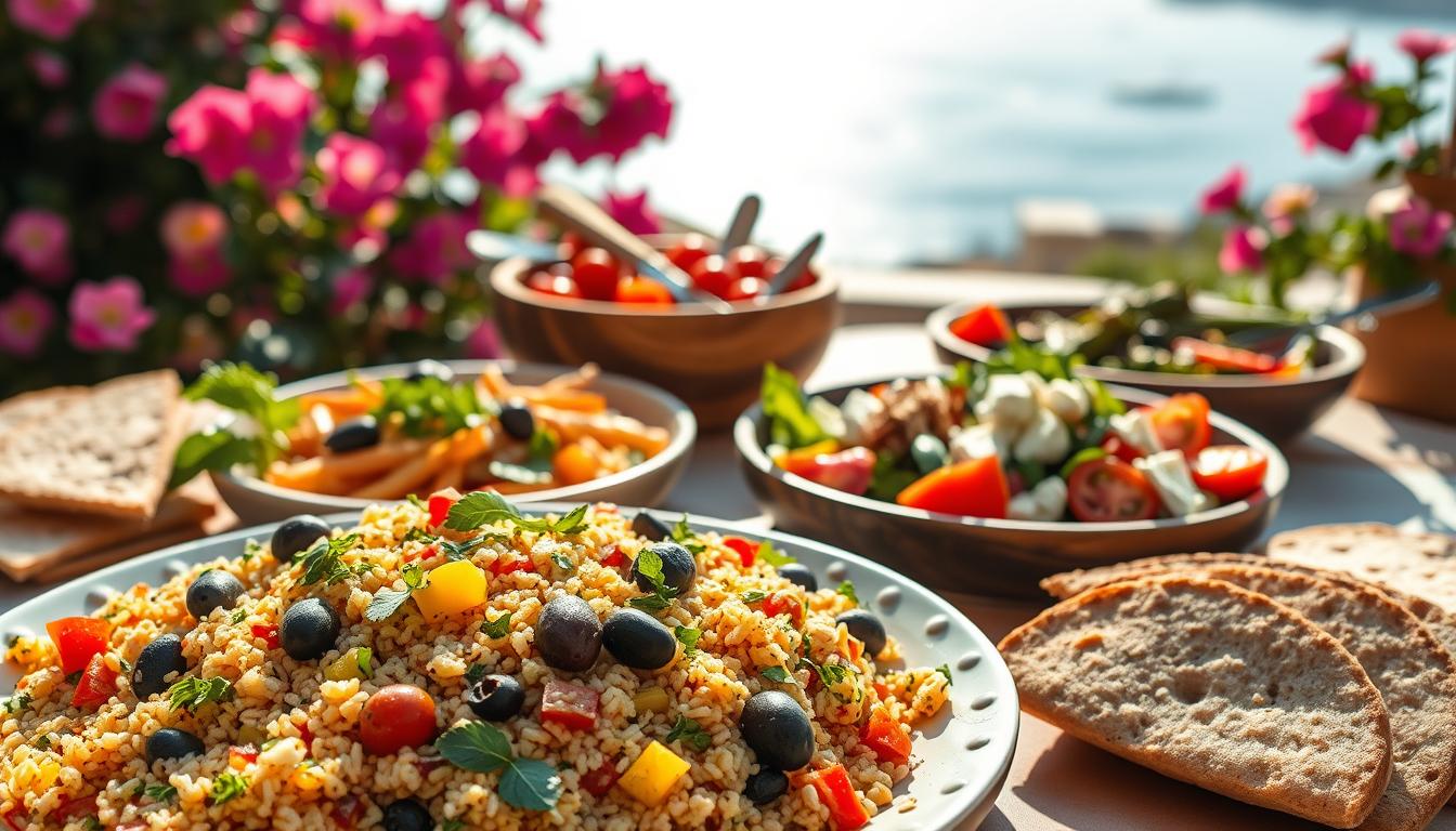 A vibrant Mediterranean table spread featuring healthy carb swaps, beautifully arranged. In the foreground, a colorful platter of whole grain couscous mixed with diced bell peppers, olives, and fresh herbs, alongside slices of whole grain pita bread. In the middle, a rustic wooden bowl filled with roasted vegetables drizzled with olive oil, and a refreshing Greek salad with tomatoes, cucumbers, and feta cheese. The background showcases a sun-drenched outdoor setting, with blooming bougainvillea and a soft-focus view of a serene Mediterranean coastline. The lighting should be warm and inviting, simulating a late afternoon sun. Capture this scene from a slightly elevated angle to highlight the texture and colors of the healthy dishes. The overall mood is vibrant and healthy, inspiring viewers to enjoy flavorful yet nutritious options. Get well and stay well, Ray Baker. A vibrant Mediterranean table spread featuring healthy carb swaps, beautifully arranged. In the foreground, a colorful platter of whole grain couscous mixed with diced bell peppers, olives, and fresh herbs, alongside slices of whole grain pita bread. In the middle, a rustic wooden bowl filled with roasted vegetables drizzled with olive oil, and a refreshing Greek salad with tomatoes, cucumbers, and feta cheese. The background showcases a sun-drenched outdoor setting, with blooming bougainvillea and a soft-focus view of a serene Mediterranean coastline. The lighting should be warm and inviting, simulating a late afternoon sun. Capture this scene from a slightly elevated angle to highlight the texture and colors of the healthy dishes. The overall mood is vibrant and healthy, inspiring viewers to enjoy flavorful yet nutritious options. Get well and stay well, Ray Baker.