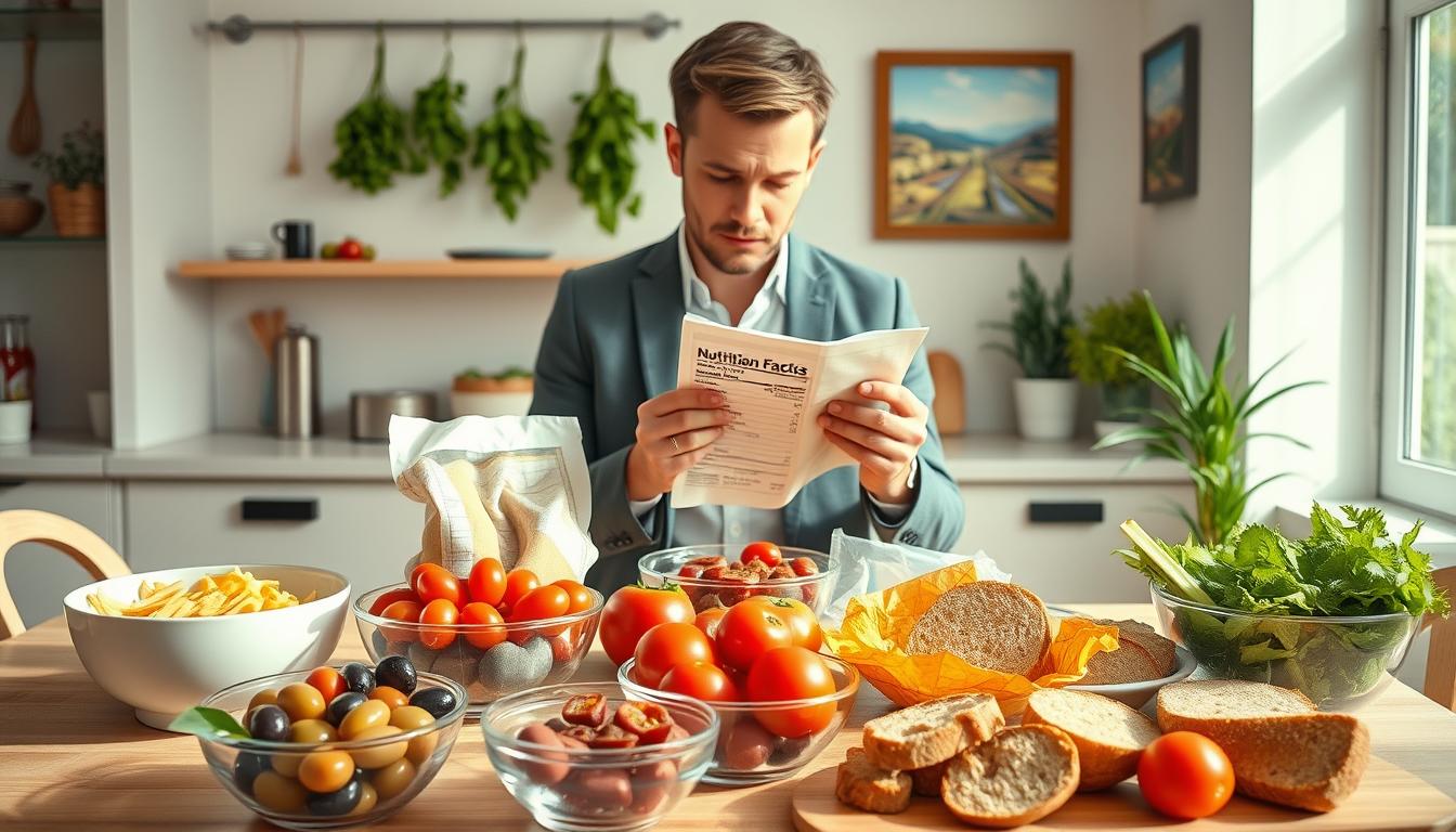 A vibrant and educational scene depicting common healthy eating mistakes associated with the Mediterranean diet. In the foreground, a neatly arranged table features a variety of colorful Mediterranean foods—ripe tomatoes, fresh olives, and whole grain bread—alongside half-empty bowls of overly processed snacks. In the middle ground, a well-dressed individual, wearing smart casual attire, examines a nutrition label on a packaged meal with a puzzled expression, symbolizing confusion in healthy choices. The background includes a sunlit kitchen with hanging herbs and framed Mediterranean landscapes, creating a warm, inviting atmosphere. Soft, natural lighting emphasizes the freshness of the healthy foods while casting gentle shadows, enhancing the overall mood. Get well and stay well, Ray Baker. A vibrant and educational scene depicting common healthy eating mistakes associated with the Mediterranean diet. In the foreground, a neatly arranged table features a variety of colorful Mediterranean foods—ripe tomatoes, fresh olives, and whole grain bread—alongside half-empty bowls of overly processed snacks. In the middle ground, a well-dressed individual, wearing smart casual attire, examines a nutrition label on a packaged meal with a puzzled expression, symbolizing confusion in healthy choices. The background includes a sunlit kitchen with hanging herbs and framed Mediterranean landscapes, creating a warm, inviting atmosphere. Soft, natural lighting emphasizes the freshness of the healthy foods while casting gentle shadows, enhancing the overall mood. Get well and stay well, Ray Baker.