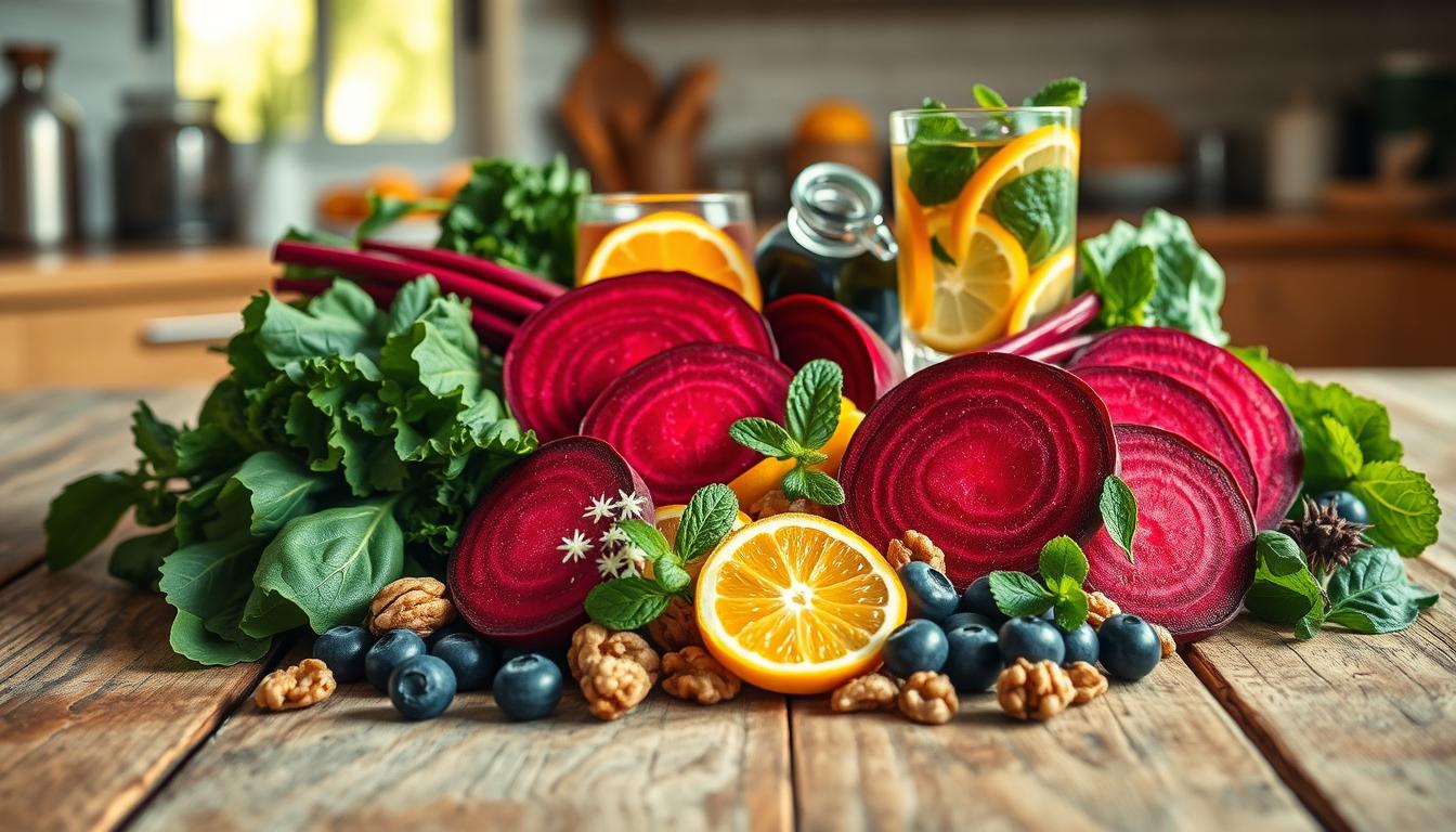 A vibrant and inviting arrangement of foods known to enhance circulation, centrally placed on a rustic wooden table. In the foreground, showcase bright red beets, beautifully sliced to reveal their deep color, surrounded by a handful of dark leafy greens like spinach and kale. Include a small bowl of walnuts for texture and omega-3 richness, alongside plump blueberries and fresh citrus slices for a pop of color. In the middle ground, a glass of infused water featuring sliced oranges and mint leaves captures the refreshing theme of the image. The background subtly highlights an out-of-focus kitchen scene, bathed in warm, natural light, creating a cozy atmosphere. The composition conveys a sense of health and vitality, inspiring readers to incorporate these foods into their diet. Get well and stay well, Ray Baker. A vibrant and inviting arrangement of foods known to enhance circulation, centrally placed on a rustic wooden table. In the foreground, showcase bright red beets, beautifully sliced to reveal their deep color, surrounded by a handful of dark leafy greens like spinach and kale. Include a small bowl of walnuts for texture and omega-3 richness, alongside plump blueberries and fresh citrus slices for a pop of color. In the middle ground, a glass of infused water featuring sliced oranges and mint leaves captures the refreshing theme of the image. The background subtly highlights an out-of-focus kitchen scene, bathed in warm, natural light, creating a cozy atmosphere. The composition conveys a sense of health and vitality, inspiring readers to incorporate these foods into their diet. Get well and stay well, Ray Baker.