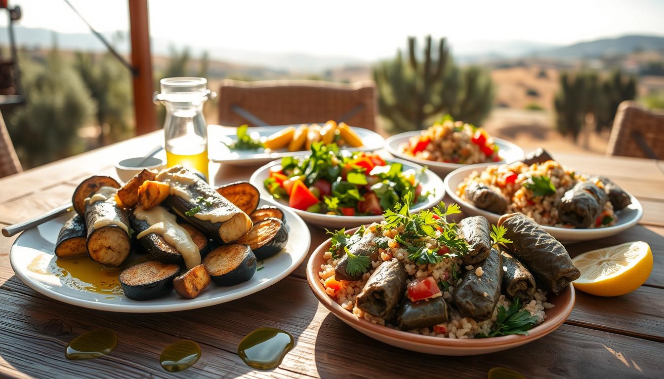A vibrant array of Mediterranean vegetarian meals, featuring a colorful plate of roasted eggplant drizzled with tahini sauce, a fresh tabbouleh salad with parsley, tomatoes, and bulgur wheat, and a side of stuffed grape leaves filled with rice and herbs. In the foreground, a rustic wooden table is adorned with olive oil and lemon slices. In the middle, comfortable dining setting with sun-drenched plates showcasing vibrant colors of the dishes. The background softly fades into a sunlit Mediterranean landscape with olive trees and distant rolling hills, creating a warm, inviting atmosphere. The lighting is natural and bright, evoking feelings of health and well-being. Shot from a slightly elevated angle to capture the full spread. Get well and stay well, Ray Baker. A vibrant array of Mediterranean vegetarian meals, featuring a colorful plate of roasted eggplant drizzled with tahini sauce, a fresh tabbouleh salad with parsley, tomatoes, and bulgur wheat, and a side of stuffed grape leaves filled with rice and herbs. In the foreground, a rustic wooden table is adorned with olive oil and lemon slices. In the middle, comfortable dining setting with sun-drenched plates showcasing vibrant colors of the dishes. The background softly fades into a sunlit Mediterranean landscape with olive trees and distant rolling hills, creating a warm, inviting atmosphere. The lighting is natural and bright, evoking feelings of health and well-being. Shot from a slightly elevated angle to capture the full spread. Get well and stay well, Ray Baker.