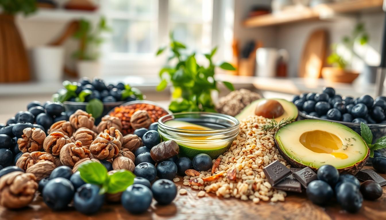A vibrant, colorful display of Mediterranean foods that are known to reduce oxidative stress for brain and mood, arranged artistically on a rustic wooden table. In the foreground, showcase fresh, ripe blueberries, walnuts, and dark chocolate pieces. In the middle, include slices of avocado, whole grains like quinoa, and a small bowl of olive oil drizzled with herbs. The background features a soft focus of a sunlit kitchen with fresh basil and rosemary plants, casting gentle shadows. Use warm, natural lighting to enhance the organic feel of the scene, creating a welcoming atmosphere. The composition should evoke a sense of health and well-being, with a depth of field that draws the viewer's eye to the beautiful foods. Get well and stay well, Ray Baker.