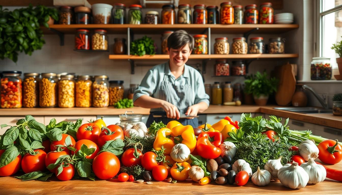 A vibrant kitchen scene capturing the essence of Mediterranean batch cooking. In the foreground, a beautifully arranged wooden table filled with colorful, fresh ingredients: ripe tomatoes, vibrant bell peppers, aromatic herbs like basil and oregano, olives, and garlic. In the middle ground, a cheerful home cook in modest casual clothing, purposefully chopping vegetables. Behind them, shelves lined with glass jars of prepared meals, showcasing Mediterranean dishes such as ratatouille, chickpea salad, and olive tapenade. Natural light streams through a window, highlighting the warm tones of the kitchen, creating an inviting and energetic atmosphere that embodies the spirit of cooking for nourishment and energy. Get well and stay well, Ray Baker.