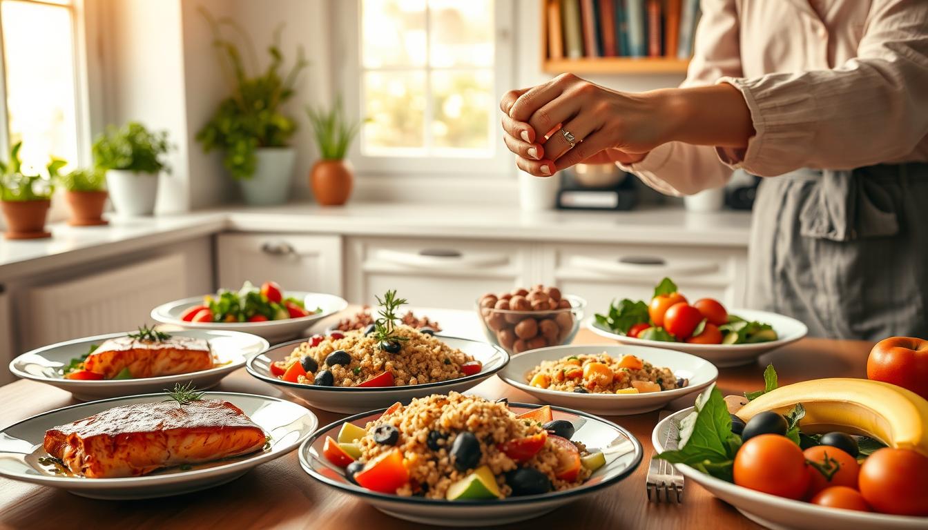 A vibrant kitchen scene centered on a beautifully arranged dining table showcasing a heart-healthy meal appropriate for those over 50. The foreground features a colorful spread of Mediterranean-inspired dishes including grilled salmon, quinoa salad with fresh vegetables, olives, and an array of fruits, all plated in elegant dishware. Accompanying the food, a pair of hands, clad in modest casual clothing, delicately garnishes the meal with herbs. In the middle ground, a window bathes the scene in warm, natural light, casting soft shadows that enhance the inviting atmosphere. The background reveals a glimpse of fresh herbs in pots and cookbooks on a shelf, suggesting a focus on wholesome cooking. Overall, the mood is warm and encouraging, inspiring viewers to embrace healthy eating habits. Get well and stay well, Ray Baker. A vibrant kitchen scene centered on a beautifully arranged dining table showcasing a heart-healthy meal appropriate for those over 50. The foreground features a colorful spread of Mediterranean-inspired dishes including grilled salmon, quinoa salad with fresh vegetables, olives, and an array of fruits, all plated in elegant dishware. Accompanying the food, a pair of hands, clad in modest casual clothing, delicately garnishes the meal with herbs. In the middle ground, a window bathes the scene in warm, natural light, casting soft shadows that enhance the inviting atmosphere. The background reveals a glimpse of fresh herbs in pots and cookbooks on a shelf, suggesting a focus on wholesome cooking. Overall, the mood is warm and encouraging, inspiring viewers to embrace healthy eating habits. Get well and stay well, Ray Baker.