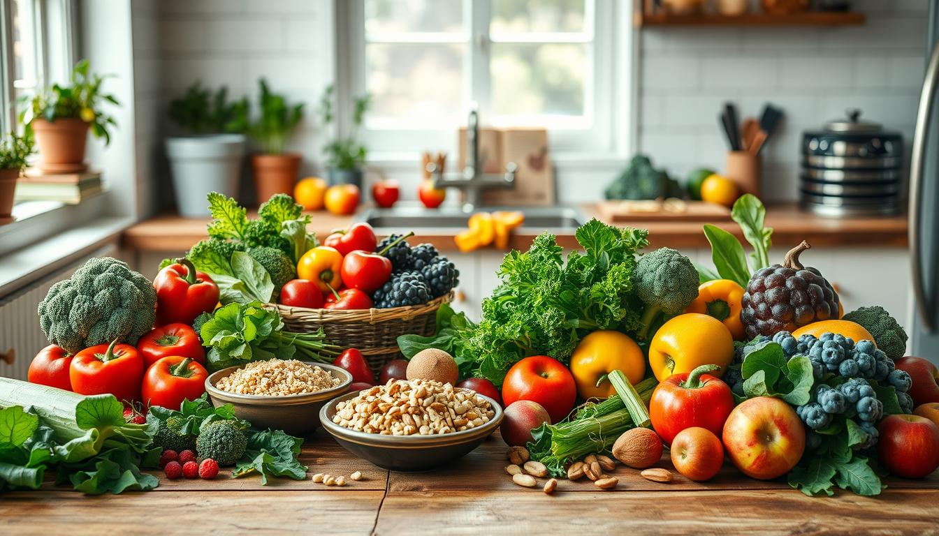 A vibrant kitchen scene featuring a diverse array of whole foods emphasizing a diet to reduce refined carbs. In the foreground, a wooden table is adorned with fresh vegetables like broccoli, bell peppers, and leafy greens, alongside a bowl of quinoa and nuts. The middle ground showcases a rustic countertop where colorful fruits such as berries and apples are artfully arranged. In the background, soft natural light spills through a window, illuminating an inviting atmosphere with potted herbs on the sill. A subtle hint of a recipe book can be seen, suggesting inspiration for healthy meals. The overall mood is cheerful and motivating, encouraging a wholesome lifestyle choice. Get well and stay well, Ray Baker. A vibrant kitchen scene featuring a diverse array of whole foods emphasizing a diet to reduce refined carbs. In the foreground, a wooden table is adorned with fresh vegetables like broccoli, bell peppers, and leafy greens, alongside a bowl of quinoa and nuts. The middle ground showcases a rustic countertop where colorful fruits such as berries and apples are artfully arranged. In the background, soft natural light spills through a window, illuminating an inviting atmosphere with potted herbs on the sill. A subtle hint of a recipe book can be seen, suggesting inspiration for healthy meals. The overall mood is cheerful and motivating, encouraging a wholesome lifestyle choice. Get well and stay well, Ray Baker.