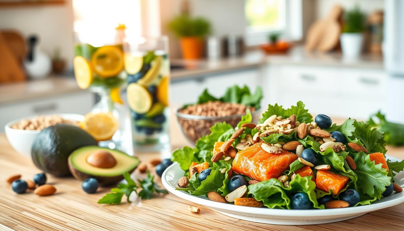 A vibrant table setting featuring a variety of colorful foods essential for managing triglycerides and cholesterol highlights, such as fresh avocados, leafy greens, blueberries, almonds, and salmon. In the foreground, a beautifully arranged plate of a healthy salad topped with nuts and seeds. In the middle ground, a glass of infused water with citrus slices and a bowl of whole grains. The background includes a soft-focus kitchen atmosphere with warm natural light streaming through a window, creating a cozy yet professional environment. A calm and inviting mood prevails, promoting the idea of a wholesome and health-conscious diet. Capture this scene from a slightly elevated angle for depth and visual appeal. Get well and stay well, Ray Baker.