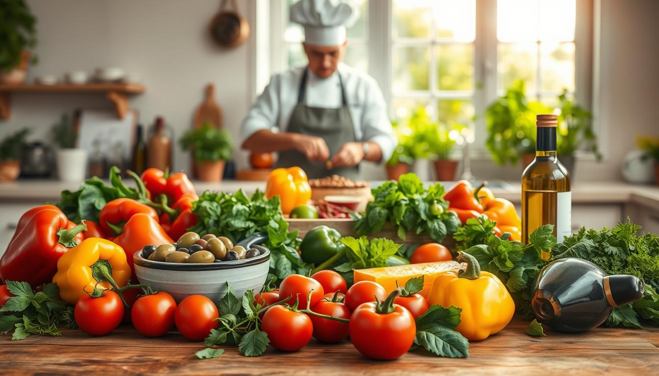 An inviting Mediterranean kitchen scene reflecting a healthy food approach. In the foreground, a rustic wooden table is adorned with a vibrant array of fresh vegetables like ripe tomatoes, bell peppers, and leafy greens, alongside a bowl of olives and a bottle of olive oil. In the middle, there’s a chef in professional attire, skillfully preparing a Mediterranean dish, with herbs like basil and parsley scattered around. The background features a sunlit window revealing an herb garden, with soft pastel colors and warm natural lighting, creating a cozy atmosphere. The image conveys a sense of health, vitality, and a focus on wholesome ingredients, embodying the Mediterranean culinary philosophy. Get well and stay well, Ray Baker.