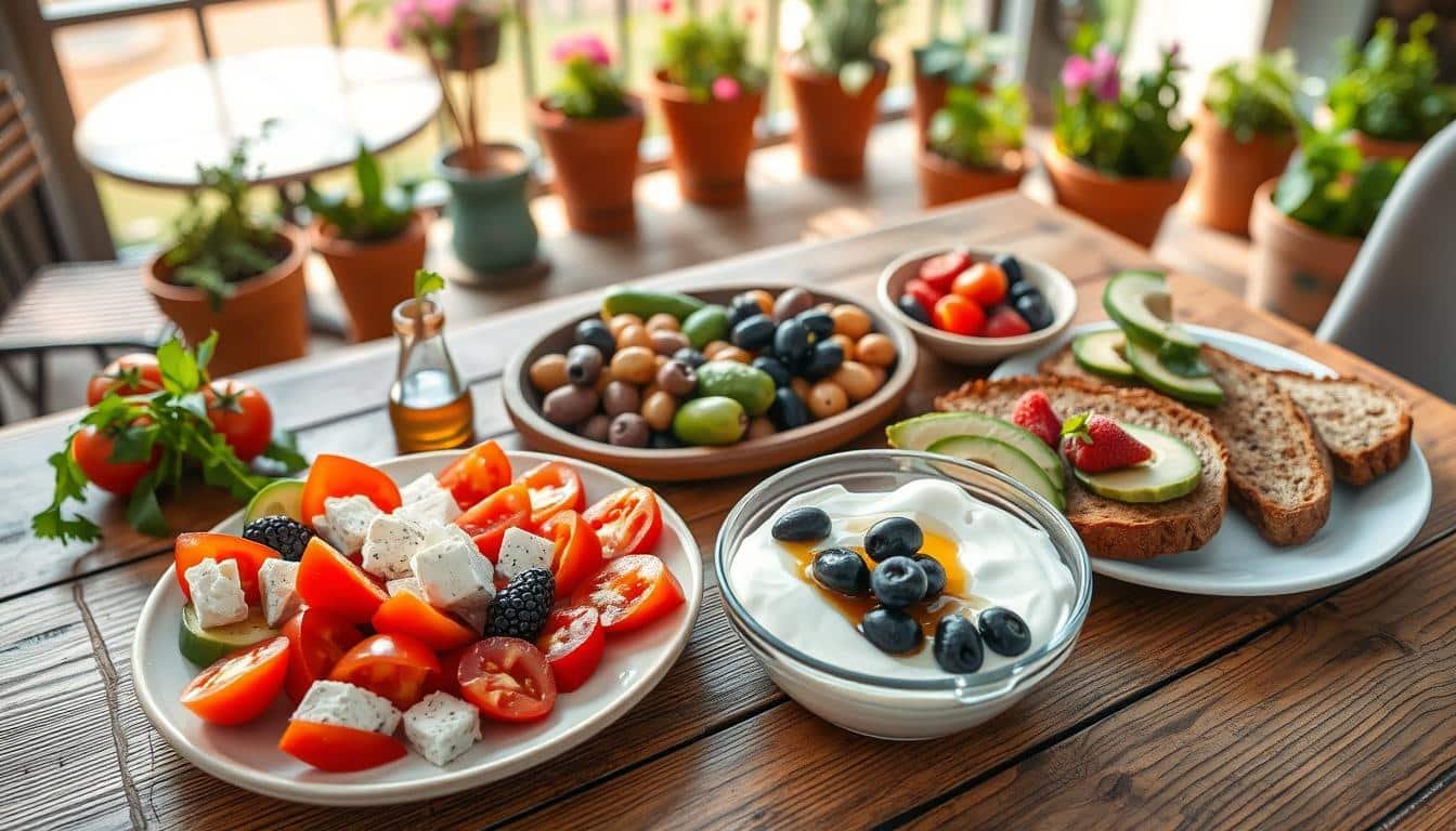 A beautiful Mediterranean breakfast spread on a rustic wooden table, featuring colorful, healthy ingredients. In the foreground, a plate of ripe tomatoes, sliced cucumbers, and creamy feta cheese, drizzled with olive oil. Next to them, a bowl of Greek yogurt topped with honey and fresh berries, alongside whole grain toast smeared with avocado. In the middle, a platter of assorted olives and a lingering fresh herb sprig. In the background, a picturesque setting of a sunlit café terrace with potted herbs and flowering plants. Soft natural lighting enhances the vibrant colors, creating a warm and inviting atmosphere. The angle captures the spread from above, emphasizing the variety of healthy Mediterranean foods. Get well and stay well, Ray Baker. A beautiful Mediterranean breakfast spread on a rustic wooden table, featuring colorful, healthy ingredients. In the foreground, a plate of ripe tomatoes, sliced cucumbers, and creamy feta cheese, drizzled with olive oil. Next to them, a bowl of Greek yogurt topped with honey and fresh berries, alongside whole grain toast smeared with avocado. In the middle, a platter of assorted olives and a lingering fresh herb sprig. In the background, a picturesque setting of a sunlit café terrace with potted herbs and flowering plants. Soft natural lighting enhances the vibrant colors, creating a warm and inviting atmosphere. The angle captures the spread from above, emphasizing the variety of healthy Mediterranean foods. Get well and stay well, Ray Baker.