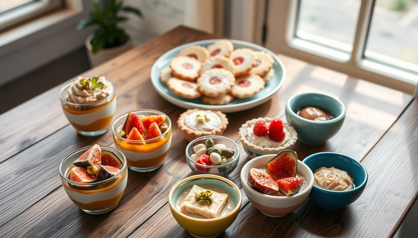 A beautiful arrangement of portion-controlled Mediterranean desserts elegantly displayed on a rustic wooden table. In the foreground, there are small, colorful bowls featuring items like Greek yogurt parfaits layered with honey, fresh figs, and pistachios; mini baklava pieces drizzled with light syrup; and refreshing fruit tarts made with whole grain crusts. The middle section showcases a delicate plate of almond cookies dusted with powdered sugar. In the background, soft natural light filters in through a nearby window, casting gentle shadows that enhance the textures of the desserts. The atmosphere is inviting and wholesome, perfect for a health-conscious dessert segment. Capture the image with a slight overhead angle to emphasize the presentation and vibrant colors of the desserts. Get well and stay well, Ray Baker.