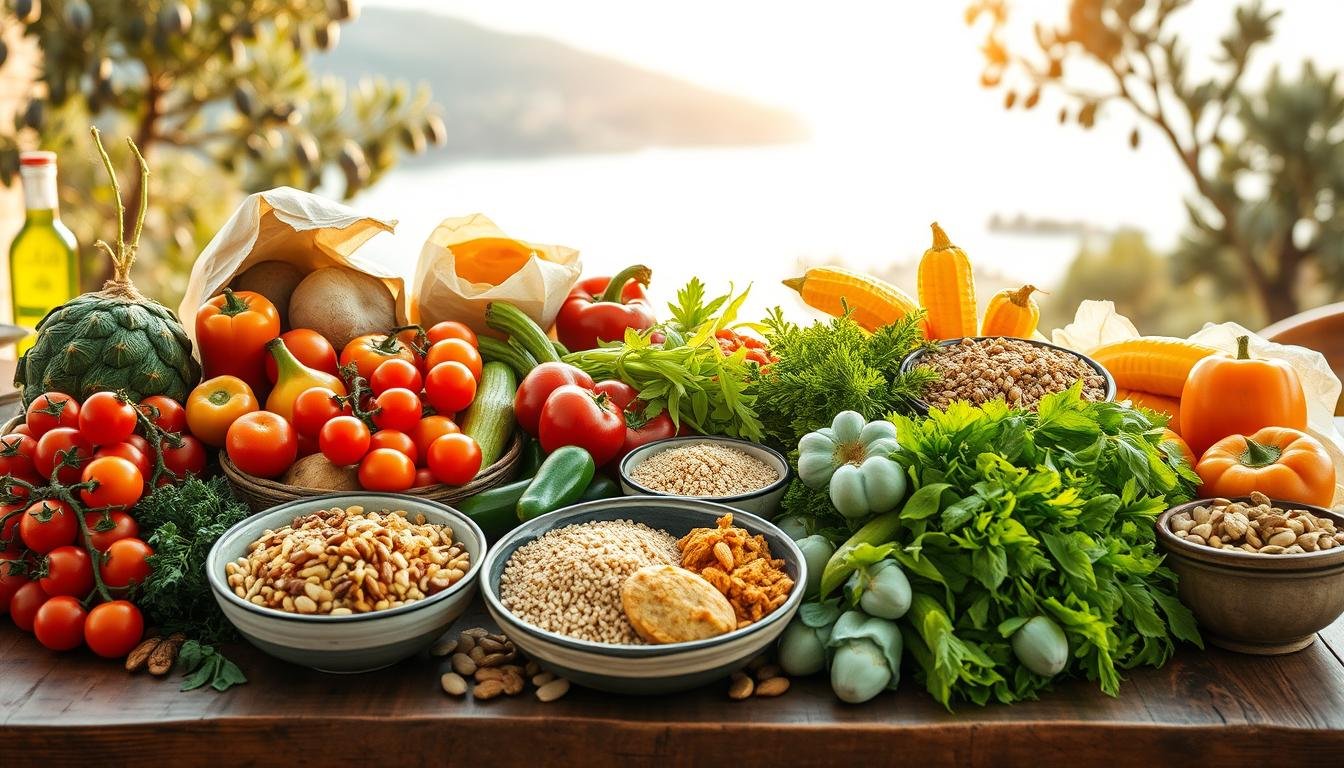 A beautiful, well-organized Mediterranean grocery list displayed on a rustic wooden table, featuring an assortment of fresh, high-fiber foods. Focus on vibrant vegetables such as cherry tomatoes, bell peppers, and artichokes arranged in a visually appealing manner. Include whole grains like quinoa and lentils in decorative bowls, along with nuts and seeds, creating a colorful palette. In the background, softly blurred Mediterranean landscapes with olive trees or a sun-kissed coast add context. The lighting is warm and inviting, evoking a sense of freshness and nourishment. Capture the scene from a slightly elevated angle to emphasize the abundance of ingredients. The overall mood should be healthy and inspiring, showcasing the richness of Mediterranean cuisine. Get well and stay well, Ray Baker. A beautiful, well-organized Mediterranean grocery list displayed on a rustic wooden table, featuring an assortment of fresh, high-fiber foods. Focus on vibrant vegetables such as cherry tomatoes, bell peppers, and artichokes arranged in a visually appealing manner. Include whole grains like quinoa and lentils in decorative bowls, along with nuts and seeds, creating a colorful palette. In the background, softly blurred Mediterranean landscapes with olive trees or a sun-kissed coast add context. The lighting is warm and inviting, evoking a sense of freshness and nourishment. Capture the scene from a slightly elevated angle to emphasize the abundance of ingredients. The overall mood should be healthy and inspiring, showcasing the richness of Mediterranean cuisine. Get well and stay well, Ray Baker.