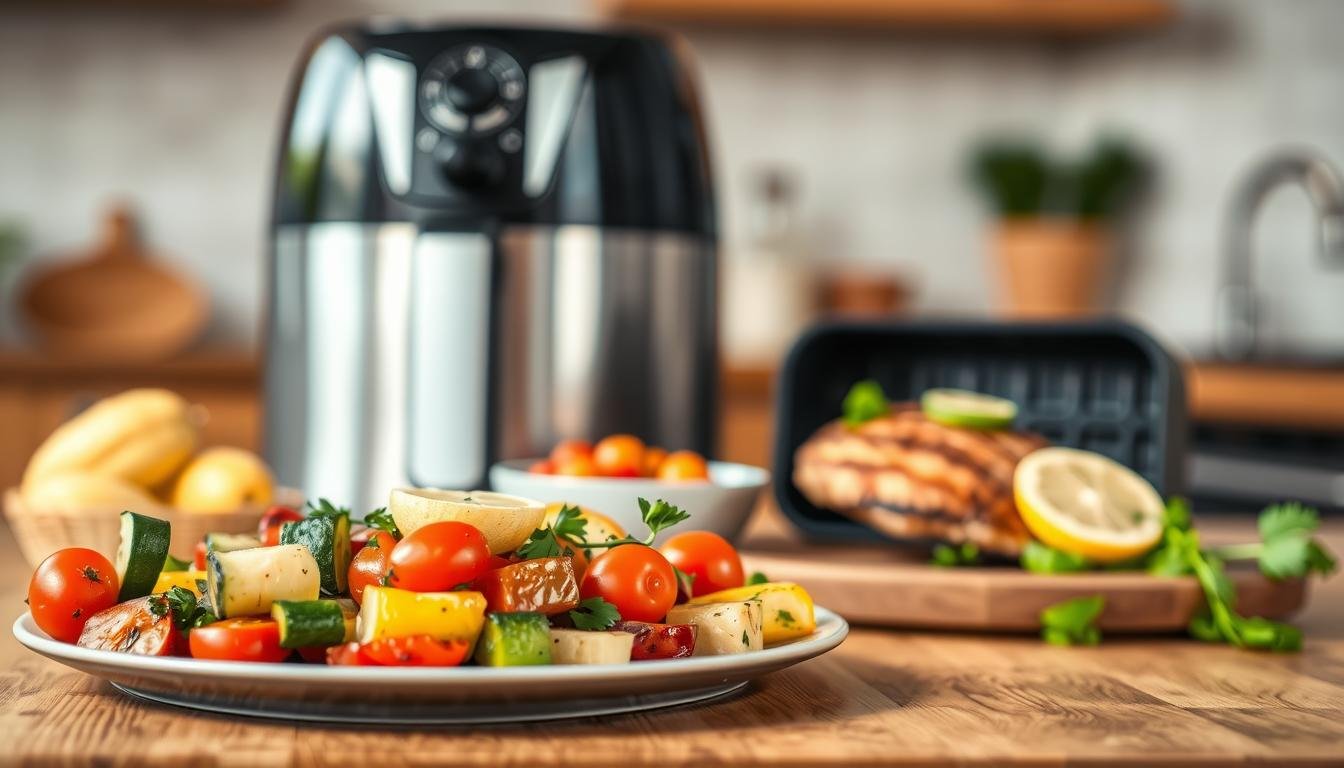 A beautifully arranged Mediterranean air fryer meal showcasing vibrant, healthy dishes ideal for weight loss. In the foreground, a wooden table displays a colorful plate of air-fried vegetables, including zucchini, bell peppers, and cherry tomatoes, drizzled with a light herb-infused oil. Beside it, a portion of grilled chicken breast topped with lemon and fresh parsley sits attractively. In the middle ground, an air fryer appliance gleams with a stainless-steel finish, suggesting convenience and modern cooking. The background features a softly blurred kitchen setting with warm natural lighting, enhancing the inviting atmosphere. Use a shallow depth of field to focus on the meals while the background remains softly diffused. The mood is fresh, healthy, and encouraging, emphasizing the joy of cooking light meals effortlessly. Get well and stay well, Ray Baker.