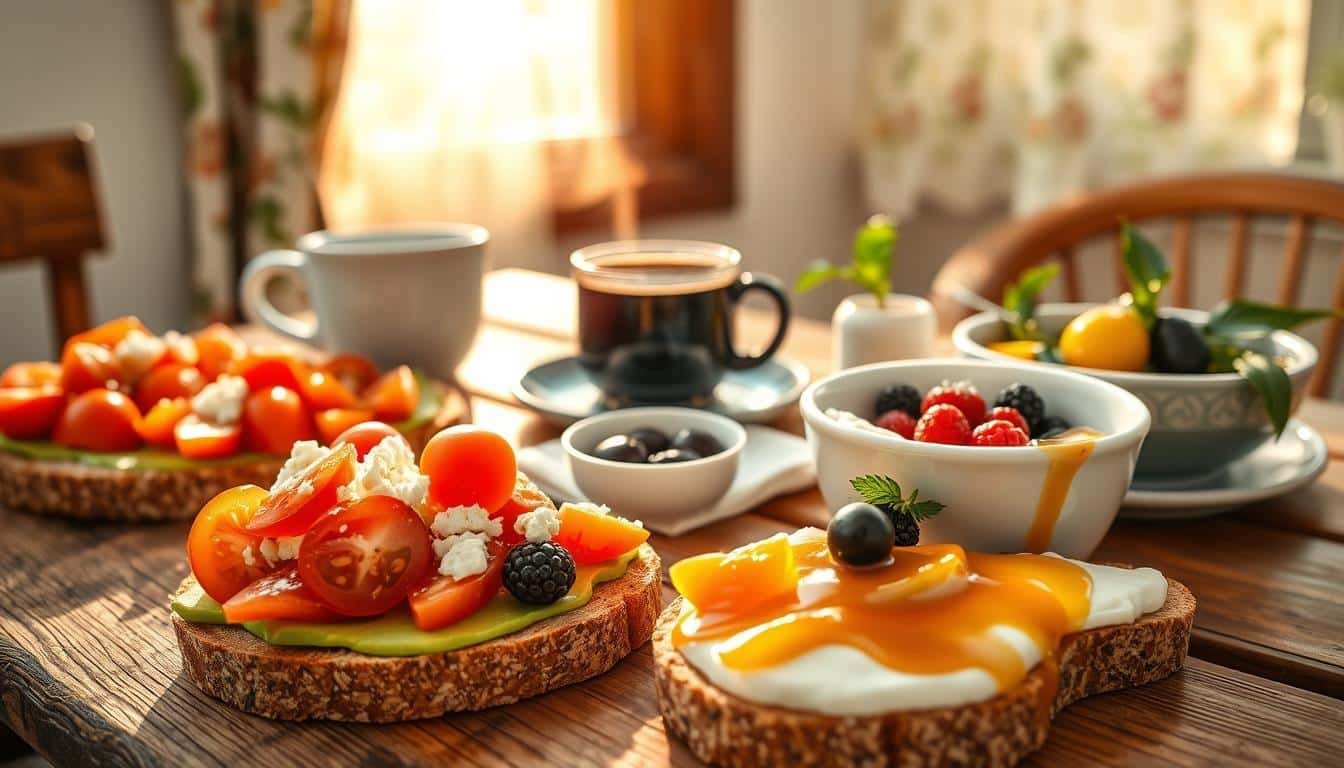 A beautifully arranged Mediterranean breakfast spread on a rustic wooden table, featuring vibrant dishes. In the foreground, there are slices of whole-grain bread topped with ripe avocado, cherry tomatoes, and a sprinkle of feta cheese. Nearby, a bowl of Greek yogurt drizzled with honey and topped with fresh berries glistens invitingly. In the middle, a steaming cup of rich, dark coffee sits beside a small dish of olives and a sprinkle of herbs on a white napkin. The background softly blurs into a sun-drenched window with floral curtains, casting warm, golden light across the scene. The mood is refreshing and inviting, exuding a healthy, wholesome atmosphere perfect for a morning meal. Get well and stay well, Ray Baker. A beautifully arranged Mediterranean breakfast spread on a rustic wooden table, featuring vibrant dishes. In the foreground, there are slices of whole-grain bread topped with ripe avocado, cherry tomatoes, and a sprinkle of feta cheese. Nearby, a bowl of Greek yogurt drizzled with honey and topped with fresh berries glistens invitingly. In the middle, a steaming cup of rich, dark coffee sits beside a small dish of olives and a sprinkle of herbs on a white napkin. The background softly blurs into a sun-drenched window with floral curtains, casting warm, golden light across the scene. The mood is refreshing and inviting, exuding a healthy, wholesome atmosphere perfect for a morning meal. Get well and stay well, Ray Baker.