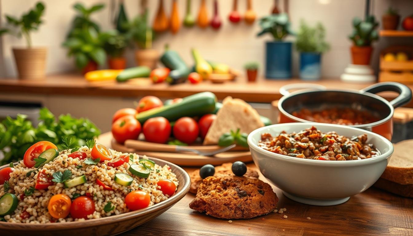 A beautifully arranged Mediterranean comfort food scene showcasing high-fiber recipes. In the foreground, a rustic wooden table holds vibrant dishes like a colorful quinoa salad with cherry tomatoes, cucumbers, and parsley, elegantly garnished with olives. A bowl of hearty lentil stew, rich in spices, simmers gently next to slices of whole-grain bread. In the middle, a warm, inviting kitchen setting with soft golden lighting highlights fresh ingredients like Mediterranean vegetables-zucchini, eggplant, and bell peppers-on the countertops. In the background, herbs like basil and oregano hang in pots, adding a homely touch. Capture this scene with a soft focus to evoke comfort and warmth, using a wide-angle lens for depth. The overall atmosphere should feel nutritious and approachable, inviting viewers to explore these delightful recipes. Get well and stay well, Ray Baker. A beautifully arranged Mediterranean comfort food scene showcasing high-fiber recipes. In the foreground, a rustic wooden table holds vibrant dishes like a colorful quinoa salad with cherry tomatoes, cucumbers, and parsley, elegantly garnished with olives. A bowl of hearty lentil stew, rich in spices, simmers gently next to slices of whole-grain bread. In the middle, a warm, inviting kitchen setting with soft golden lighting highlights fresh ingredients like Mediterranean vegetables-zucchini, eggplant, and bell peppers-on the countertops. In the background, herbs like basil and oregano hang in pots, adding a homely touch. Capture this scene with a soft focus to evoke comfort and warmth, using a wide-angle lens for depth. The overall atmosphere should feel nutritious and approachable, inviting viewers to explore these delightful recipes. Get well and stay well, Ray Baker.
