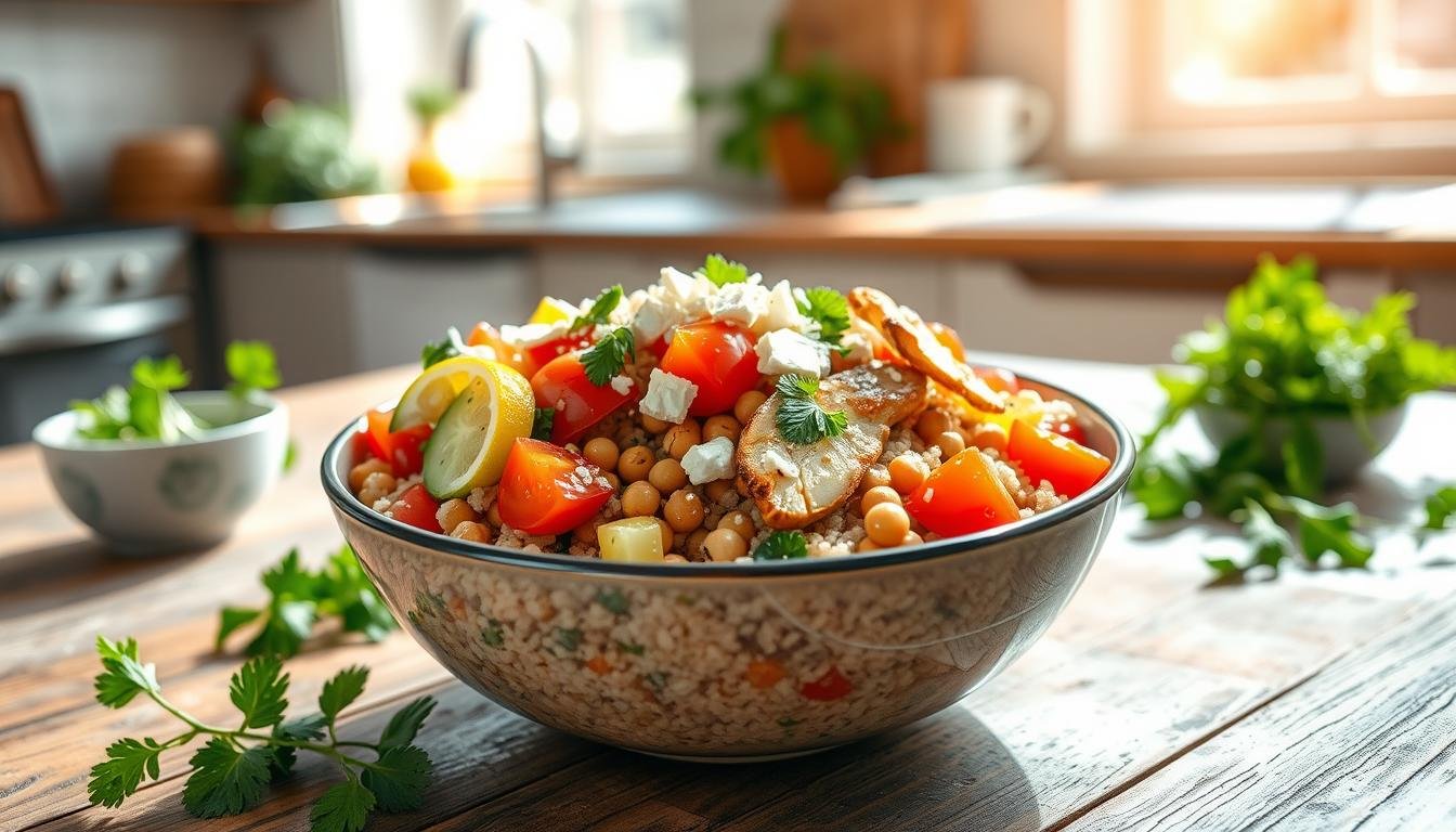 A beautifully arranged Mediterranean grain bowl, featuring a base of quinoa and brown rice, topped with vibrant fresh vegetables like cherry tomatoes, cucumbers, and bell peppers. Include generous portions of healthy toppings such as grilled chicken, chickpeas, and a sprinkle of feta cheese, drizzled with a light olive oil and lemon dressing. The bowl should be placed on a rustic wooden table, surrounded by fresh herbs like parsley and mint, with a soft-focus background of a sunny kitchen setting. Natural light streams in from a nearby window, casting a warm glow over the scene, creating an inviting and appetizing atmosphere. The image should be shot from a slightly elevated angle for optimal presentation. Get well and stay well, Ray Baker.