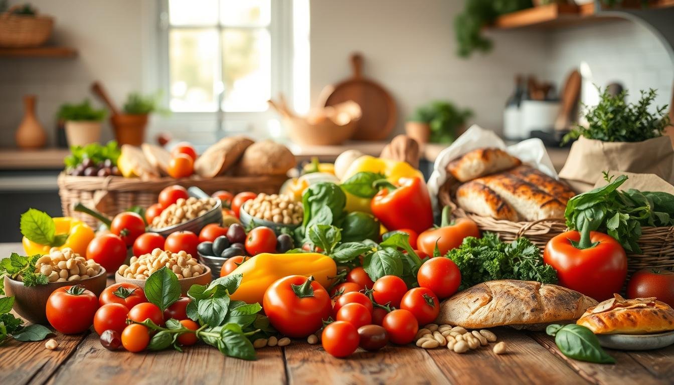 A beautifully arranged Mediterranean grocery list featuring vibrant, fresh ingredients typical of healthy comfort food. In the foreground, a rustic wooden table displays a variety of colorful vegetables such as ripe tomatoes, bell peppers, and leafy greens. Nearby, bowls of olives, chickpeas, and nuts add texture. In the middle ground, whole grain breads and a selection of healthy proteins like grilled chicken and fish are artistically presented, along with aromatic herbs like basil and oregano. The background shows a sun-lit kitchen with warm, inviting colors, suggesting a cozy cooking atmosphere. Soft, natural lighting enhances the freshness of the ingredients, creating a serene and satisfying mood. Capture the essence of Mediterranean wellness in a vibrant, appetizing composition. Get well and stay well, Ray Baker. A beautifully arranged Mediterranean grocery list featuring vibrant, fresh ingredients typical of healthy comfort food. In the foreground, a rustic wooden table displays a variety of colorful vegetables such as ripe tomatoes, bell peppers, and leafy greens. Nearby, bowls of olives, chickpeas, and nuts add texture. In the middle ground, whole grain breads and a selection of healthy proteins like grilled chicken and fish are artistically presented, along with aromatic herbs like basil and oregano. The background shows a sun-lit kitchen with warm, inviting colors, suggesting a cozy cooking atmosphere. Soft, natural lighting enhances the freshness of the ingredients, creating a serene and satisfying mood. Capture the essence of Mediterranean wellness in a vibrant, appetizing composition. Get well and stay well, Ray Baker.