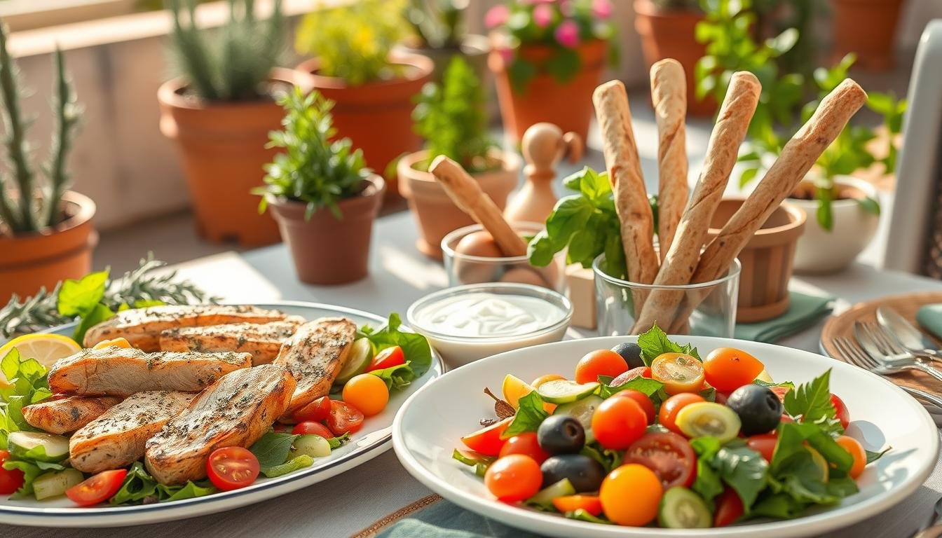 A beautifully arranged Mediterranean low-carb dinner setting featuring a table adorned with vibrant, fresh ingredients. In the foreground, a large platter of grilled chicken seasoned with herbs, accompanied by a colorful salad of mixed greens, olives, cucumber, and cherry tomatoes, drizzled with olive oil and lemon juice. In the middle, rustic bread breadsticks made from almond flour sit next to a bowl of tzatziki sauce, showcasing the health-conscious aspect of Mediterranean cuisine. The background features a sunlit terrace with potted herbs like rosemary and basil, giving a warm and inviting atmosphere, with soft, natural lighting emphasizing the freshness of the meal. Use a shallow depth of field to focus on the dinner plate while slightly blurring the background. Get well and stay well, Ray Baker. A beautifully arranged Mediterranean low-carb dinner setting featuring a table adorned with vibrant, fresh ingredients. In the foreground, a large platter of grilled chicken seasoned with herbs, accompanied by a colorful salad of mixed greens, olives, cucumber, and cherry tomatoes, drizzled with olive oil and lemon juice. In the middle, rustic bread breadsticks made from almond flour sit next to a bowl of tzatziki sauce, showcasing the health-conscious aspect of Mediterranean cuisine. The background features a sunlit terrace with potted herbs like rosemary and basil, giving a warm and inviting atmosphere, with soft, natural lighting emphasizing the freshness of the meal. Use a shallow depth of field to focus on the dinner plate while slightly blurring the background. Get well and stay well, Ray Baker.