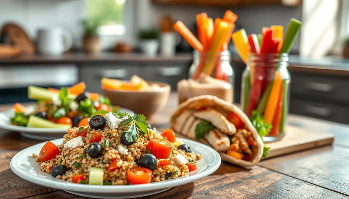 A beautifully arranged Mediterranean lunch spread on a rustic wooden table, featuring vibrant colors and fresh ingredients. In the foreground, a plate filled with quinoa salad mixed with cherry tomatoes, cucumbers, olives, and feta cheese, garnished with a drizzle of olive oil and fresh herbs. Beside it, a whole-grain pita pocket stuffed with grilled chicken, arugula, and tzatziki sauce. In the middle ground, a lightly frosted clear glass jar filled with hummus and colorful vegetable sticks — carrots, bell peppers, and celery, all vibrant and fresh. The background is softly blurred with a sunlit kitchen scene, emphasizing warmth and health. The lighting is bright yet soft, creating an inviting atmosphere. Capture this in a shallow depth of field to draw attention to the lunches, showcasing their appeal and nutritious value. Get well and stay well, Ray Baker.