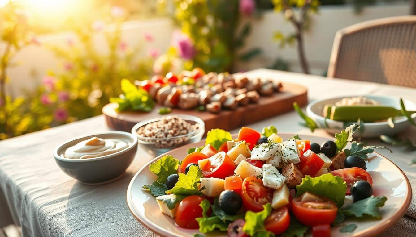 A beautifully arranged Mediterranean lunch table, showcasing an assortment of healthy dishes. In the foreground, a colorful plate features a vibrant Greek salad with cherry tomatoes, cucumbers, Kalamata olives, and feta cheese drizzled with olive oil. Beside it, a small bowl of hummus paired with whole-grain pita and fresh vegetable sticks. In the middle, a wooden board displays grilled chicken skewers with herbs, quinoa salad, and stuffed grape leaves. The background features a sunlit outdoor patio setting, with blooming vines and a rustic table adorned with a light linen cloth. Golden hour lighting envelops the scene, casting a warm, inviting glow. The mood is fresh, healthy, and appealing, perfect for a weight-loss-focused lunch. Get well and stay well, Ray Baker.