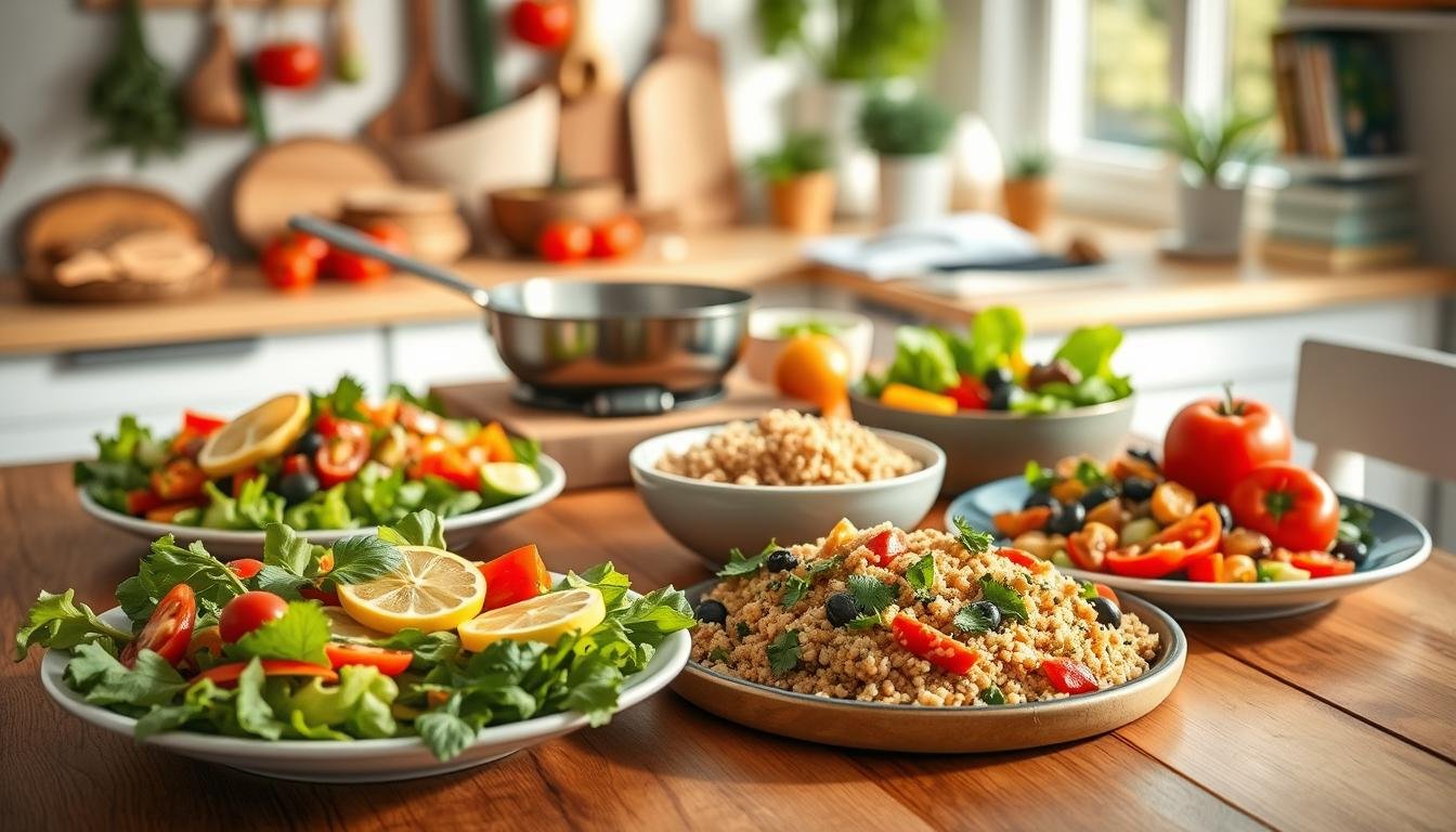 A beautifully arranged Mediterranean meal featuring vibrant, healthy ingredients for quick recipes focused on weight loss. In the foreground, a wooden table displays colorful plates of fresh salads, grilled vegetables, and a bowl of quinoa, garnished with herbs and lemon. The middle showcases a simple, inviting cooking setup, including fresh ingredients like tomatoes, olives, and bell peppers, all in warm natural lighting. In the background, a sunny kitchen with soft-focus elements, such as hanging herbs and cookbooks, enhances the cozy atmosphere. The entire scene evokes a sense of warmth and wellbeing, perfect for an emergency meal idea. Capture this from a slightly elevated angle to highlight the food's freshness and appeal. Get well and stay well, Ray Baker.