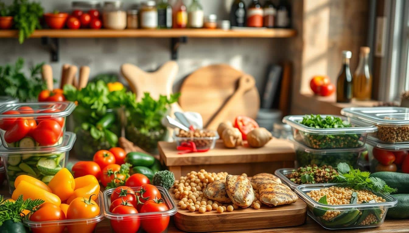 A beautifully arranged Mediterranean meal prep scene, featuring fresh ingredients like ripe tomatoes, vibrant bell peppers, zucchini, chickpeas, and a variety of herbs. In the foreground, there are meticulously labeled containers filled with colorful salads, grains, and grilled chicken, all prepared for easy access. The middle ground showcases a wooden cutting board with chopped vegetables and a bowl of olive oil, accentuating the essence of Mediterranean cooking. In the background, there are rustic kitchen shelves adorned with jars of spices and olive oil bottles, with soft natural lighting flooding the scene from a nearby window, creating a warm and inviting atmosphere. Capture the image from a slightly elevated angle to showcase the depth and organization of the meal prep. Get well and stay well, Ray Baker.