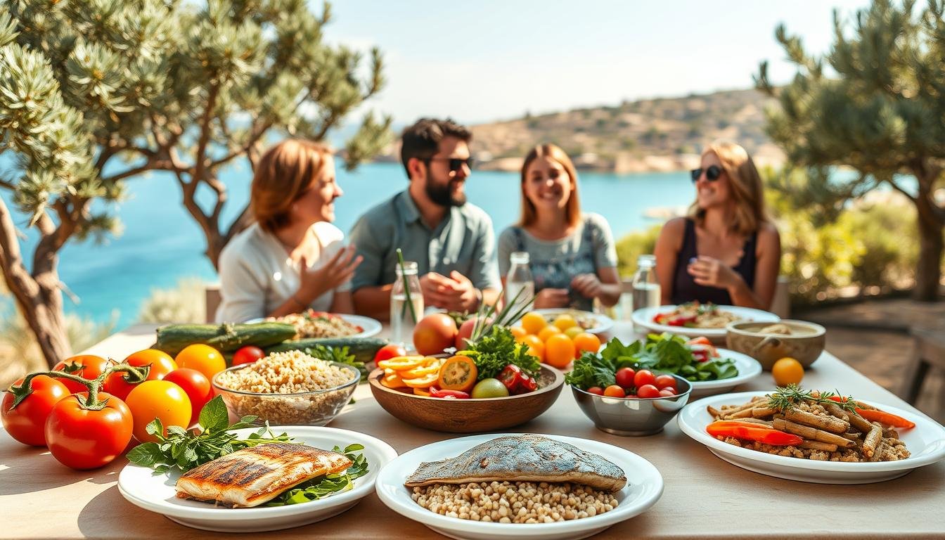 A beautifully arranged Mediterranean meal table set against a sunny outdoor backdrop, evoking a sense of healthy weight management. In the foreground, fresh ingredients like vibrant tomatoes, colorful bell peppers, and aromatic herbs are artfully displayed alongside balanced portioned plates of grilled fish, quinoa, and a variety of vegetable dishes, emphasizing portion control. In the middle, a diverse group of people in modest casual clothing, sharing laughter and enjoying their meal while practicing mindful eating habits. The background features a picturesque Mediterranean landscape with olive trees and azure waters under a bright blue sky, creating an inviting and warm atmosphere. Soft, natural lighting illuminates the scene, highlighting the freshness of the food and the joy of communal dining. Get well and stay well, Ray Baker.
