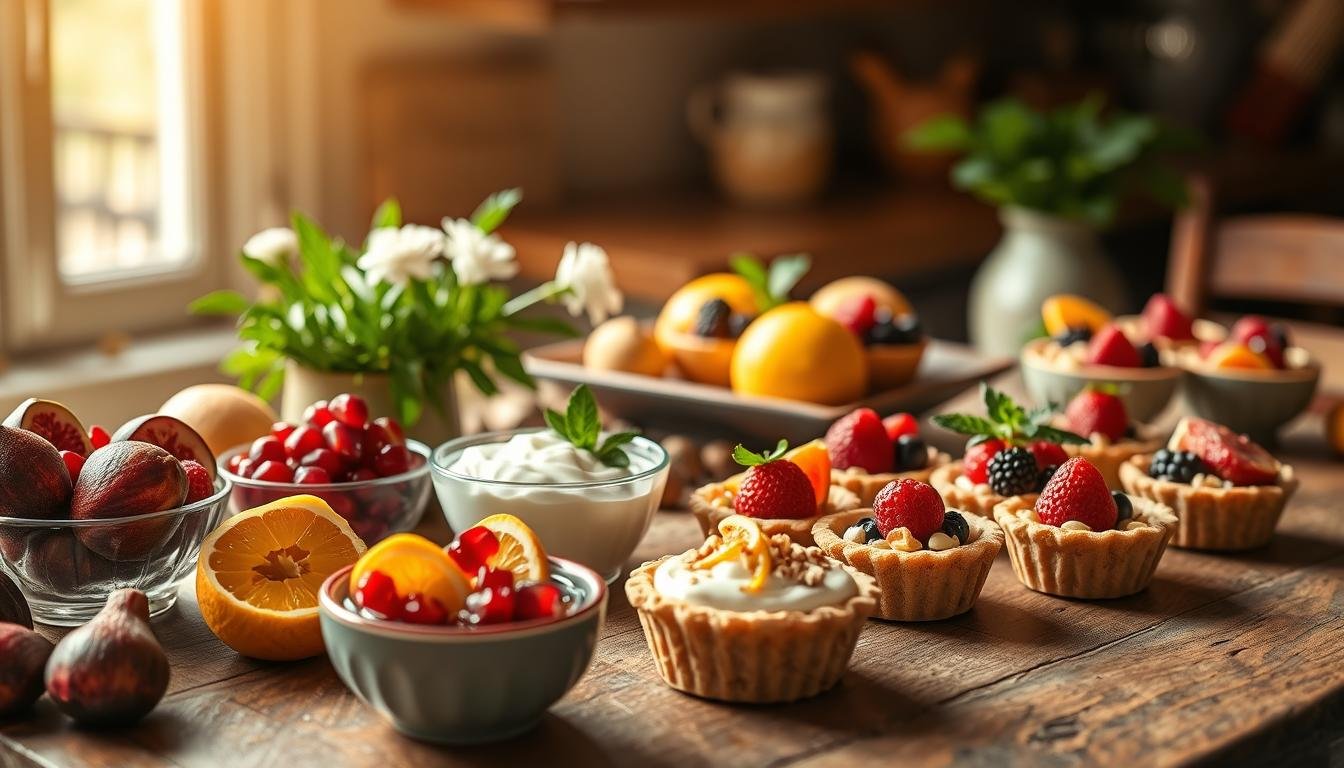 A beautifully arranged display of healthy Mediterranean desserts on a rustic wooden table. In the foreground, there are small bowls filled with vibrant fruits like figs, pomegranate seeds, and citrus slices, alongside a colorful assortment of Greek yogurt topped with honey and sprinkled with nuts. The middle ground features elegantly presented mini tarts made with almond flour, filled with fresh berries and a light mint garnish. In the background, soft, warm sunlight filters through a window, casting a gentle glow and creating an inviting atmosphere. The scene exudes a sense of freshness and health, with an emphasis on colorful, wholesome ingredients. Use a soft focus lens to enhance the warmth and appeal, aiming for a cozy, Mediterranean vibe. Get well and stay well, Ray Baker.