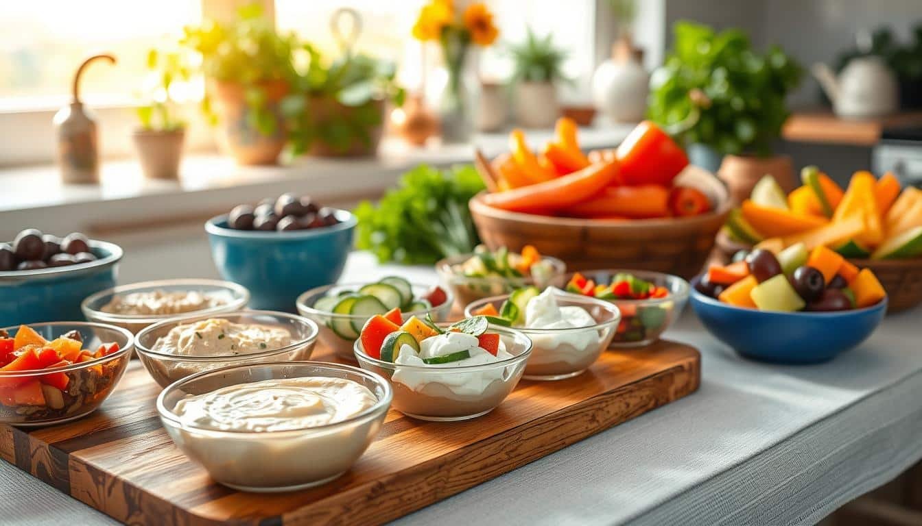 A beautifully arranged display of portion-controlled Mediterranean snacks, including vibrant bowls of hummus, tzatziki, olives, and assorted sliced vegetables, such as cucumbers and bell peppers. In the foreground, individual portions are artistically presented on a rustic wooden board, enhancing the inviting atmosphere. The middle ground features a softly textured tablecloth, adding warmth to the scene. In the background, a sunlit kitchen setting, with fresh herbs and a hint of Mediterranean scenery visible through an open window, evokes a feeling of freshness and health. The lighting is bright and natural, casting gentle shadows to emphasize the textures of the snacks, while maintaining a clean, organized look. The overall mood is uplifting and inspiring, perfect for encouraging healthy eating choices. Get well and stay well, Ray Baker.