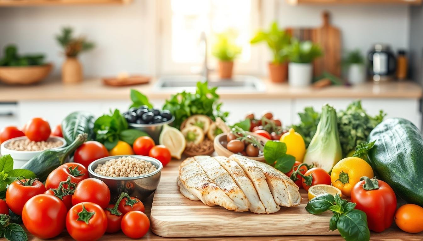A beautifully arranged grocery list for Mediterranean recipes under 400 calories, featuring fresh ingredients. In the foreground, an array of vibrant vegetables like ripe tomatoes, crisp cucumbers, and bell peppers, alongside fragrant herbs such as basil and parsley. A bowl of quinoa or a serving of lentils contrasts with a colorful assortment of olives and lemon wedges. In the middle, a light wooden cutting board showcases flaky white fish fillets and succulent grilled chicken breast, exuding freshness. The background includes a soft-focus kitchen setting with warm, natural lighting filtering through a window, creating a cozy atmosphere. The scene evokes a clean and healthy culinary vibe, inspiring viewers to embrace lighter meals. Get well and stay well, Ray Baker. A beautifully arranged grocery list for Mediterranean recipes under 400 calories, featuring fresh ingredients. In the foreground, an array of vibrant vegetables like ripe tomatoes, crisp cucumbers, and bell peppers, alongside fragrant herbs such as basil and parsley. A bowl of quinoa or a serving of lentils contrasts with a colorful assortment of olives and lemon wedges. In the middle, a light wooden cutting board showcases flaky white fish fillets and succulent grilled chicken breast, exuding freshness. The background includes a soft-focus kitchen setting with warm, natural lighting filtering through a window, creating a cozy atmosphere. The scene evokes a clean and healthy culinary vibe, inspiring viewers to embrace lighter meals. Get well and stay well, Ray Baker.