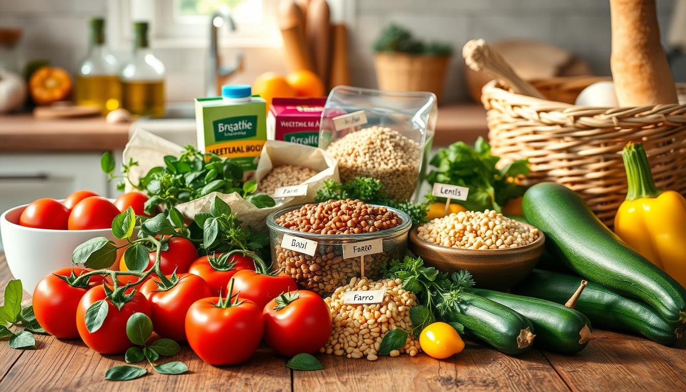 A beautifully arranged grocery list for Mediterranean soups, presented on a rustic wooden table. In the foreground, vibrant vegetables such as ripe tomatoes, bell peppers, and zucchini, accented by fresh herbs like basil and oregano. Next to them, a bowl of lentils and chickpeas, alongside a carton of vegetable broth. In the middle, various grains such as quinoa and farro, all neatly labeled with small tags, creating an inviting and organized look. The background softly features a sunlit kitchen with olive oil, garlic bulbs, and a woven basket filled with bread, enhancing the Mediterranean atmosphere. The lighting is warm and natural, casting gentle shadows, with a slight overhead angle giving depth to the scene. The mood is fresh, healthy, and inspiring, perfect for a recipe context. Get well and stay well, Ray Baker.