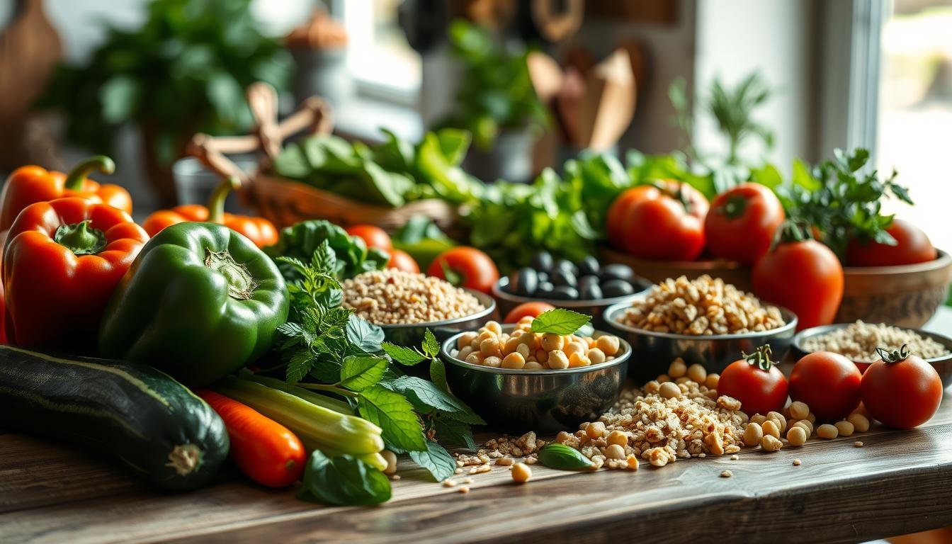 A beautifully arranged grocery list of waist-friendly Mediterranean ingredients on a rustic wooden table. In the foreground, showcase vibrant bell peppers, fresh zucchini, ripe tomatoes, and a handful of leafy greens. The middle ground features a selection of whole grains, such as quinoa and brown rice, alongside bowls of olives and chickpeas. In the background, softly blurred, are fresh herbs like rosemary and basil, adding a touch of greenery. Natural light filters in from a nearby window, casting gentle shadows and enhancing the colors. The mood is inviting and wholesome, evoking a sense of healthy living and culinary inspiration. Get well and stay well, Ray Baker. A beautifully arranged grocery list of waist-friendly Mediterranean ingredients on a rustic wooden table. In the foreground, showcase vibrant bell peppers, fresh zucchini, ripe tomatoes, and a handful of leafy greens. The middle ground features a selection of whole grains, such as quinoa and brown rice, alongside bowls of olives and chickpeas. In the background, softly blurred, are fresh herbs like rosemary and basil, adding a touch of greenery. Natural light filters in from a nearby window, casting gentle shadows and enhancing the colors. The mood is inviting and wholesome, evoking a sense of healthy living and culinary inspiration. Get well and stay well, Ray Baker.