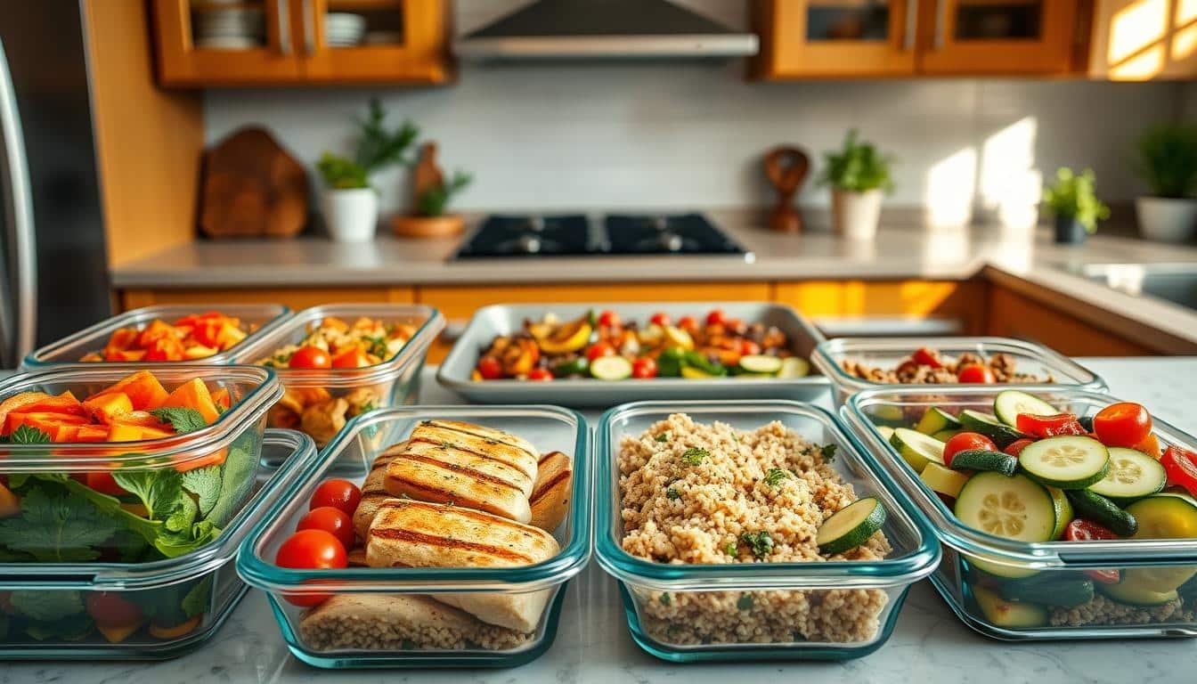 A beautifully arranged healthy meal prep scene on a kitchen counter. In the foreground, several glass meal prep containers filled with colorful Mediterranean-inspired dishes: vibrant roasted vegetables, lean grilled chicken seasoned with herbs, and quinoa salad topped with cherry tomatoes and cucumber. In the middle, a large sheet pan with leftovers, glistening in olive oil under soft overhead lighting, showcasing a variety of healthy ingredients such as bell peppers, zucchini, and eggplant. In the background, a tidy kitchen with wooden cabinets, herbs in pots, and a hint of natural light streaming through a window, creating a warm, inviting atmosphere. The mood is fresh, organized, and motivating, reflecting the theme of portion planning and minimal cleanup. Get well and stay well, Ray Baker. A beautifully arranged healthy meal prep scene on a kitchen counter. In the foreground, several glass meal prep containers filled with colorful Mediterranean-inspired dishes: vibrant roasted vegetables, lean grilled chicken seasoned with herbs, and quinoa salad topped with cherry tomatoes and cucumber. In the middle, a large sheet pan with leftovers, glistening in olive oil under soft overhead lighting, showcasing a variety of healthy ingredients such as bell peppers, zucchini, and eggplant. In the background, a tidy kitchen with wooden cabinets, herbs in pots, and a hint of natural light streaming through a window, creating a warm, inviting atmosphere. The mood is fresh, organized, and motivating, reflecting the theme of portion planning and minimal cleanup. Get well and stay well, Ray Baker.