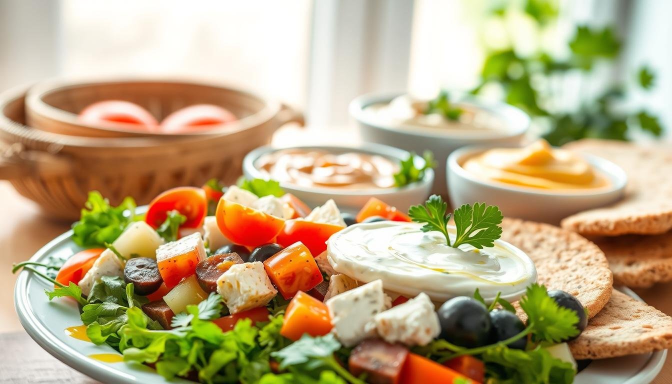 A beautifully arranged plate of easy, healthy Mediterranean meals featuring vibrant colors and fresh ingredients. In the foreground, showcase a colorful salad with mixed greens, cherry tomatoes, cucumbers, olives, and feta cheese drizzled with olive oil, accompanied by whole-grain pita bread. In the middle ground, place bowls of hummus and tzatziki for dipping, garnished with sprigs of parsley. The background features soft, diffused natural light filtering through a nearby window, creating a warm and inviting atmosphere. Use a shallow depth of field to bring focus to the meals, allowing the background to softly blur. The overall mood should evoke a sense of healthiness, freshness, and simplicity, ideal for a no-cook, weight-loss-focused lifestyle. Get well and stay well, Ray Baker. A beautifully arranged plate of easy, healthy Mediterranean meals featuring vibrant colors and fresh ingredients. In the foreground, showcase a colorful salad with mixed greens, cherry tomatoes, cucumbers, olives, and feta cheese drizzled with olive oil, accompanied by whole-grain pita bread. In the middle ground, place bowls of hummus and tzatziki for dipping, garnished with sprigs of parsley. The background features soft, diffused natural light filtering through a nearby window, creating a warm and inviting atmosphere. Use a shallow depth of field to bring focus to the meals, allowing the background to softly blur. The overall mood should evoke a sense of healthiness, freshness, and simplicity, ideal for a no-cook, weight-loss-focused lifestyle. Get well and stay well, Ray Baker.