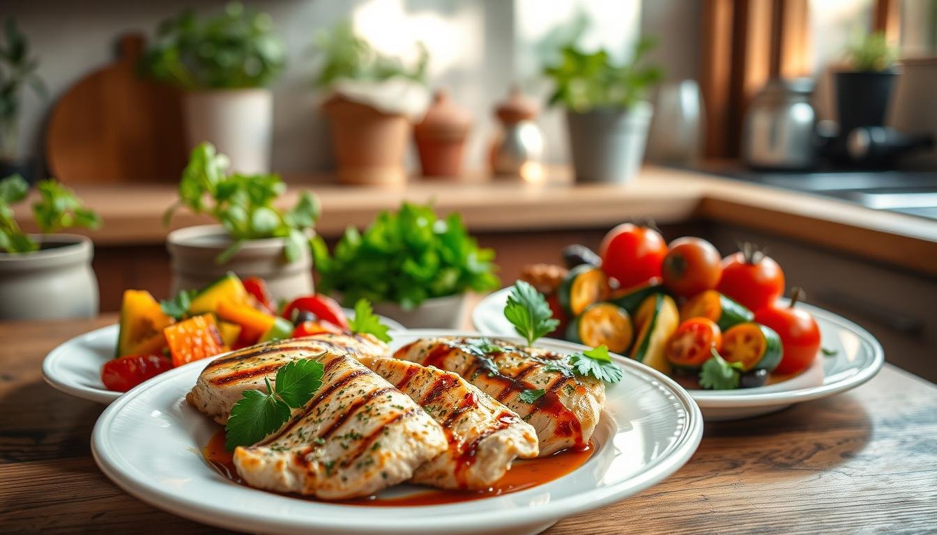 A beautifully arranged plate of healthy Mediterranean chicken meals, featuring grilled chicken breast marinated in herbs and olive oil, served with a side of vibrant roasted vegetables, including bell peppers, zucchini, and cherry tomatoes. In the foreground, the plate, artfully garnished with fresh parsley and a drizzle of balsamic glaze, catches the eye. In the middle, a rustic wooden table enhances the homey feel. The background features a softly lit kitchen setting with herbs in pots and a warm, inviting ambiance. Natural light streams in from a nearby window, casting gentle shadows and creating a cozy atmosphere. The mood is inviting and nutritious, showcasing comfort food that promotes wellness. Get well and stay well, Ray Baker. A beautifully arranged plate of healthy Mediterranean chicken meals, featuring grilled chicken breast marinated in herbs and olive oil, served with a side of vibrant roasted vegetables, including bell peppers, zucchini, and cherry tomatoes. In the foreground, the plate, artfully garnished with fresh parsley and a drizzle of balsamic glaze, catches the eye. In the middle, a rustic wooden table enhances the homey feel. The background features a softly lit kitchen setting with herbs in pots and a warm, inviting ambiance. Natural light streams in from a nearby window, casting gentle shadows and creating a cozy atmosphere. The mood is inviting and nutritious, showcasing comfort food that promotes wellness. Get well and stay well, Ray Baker.
